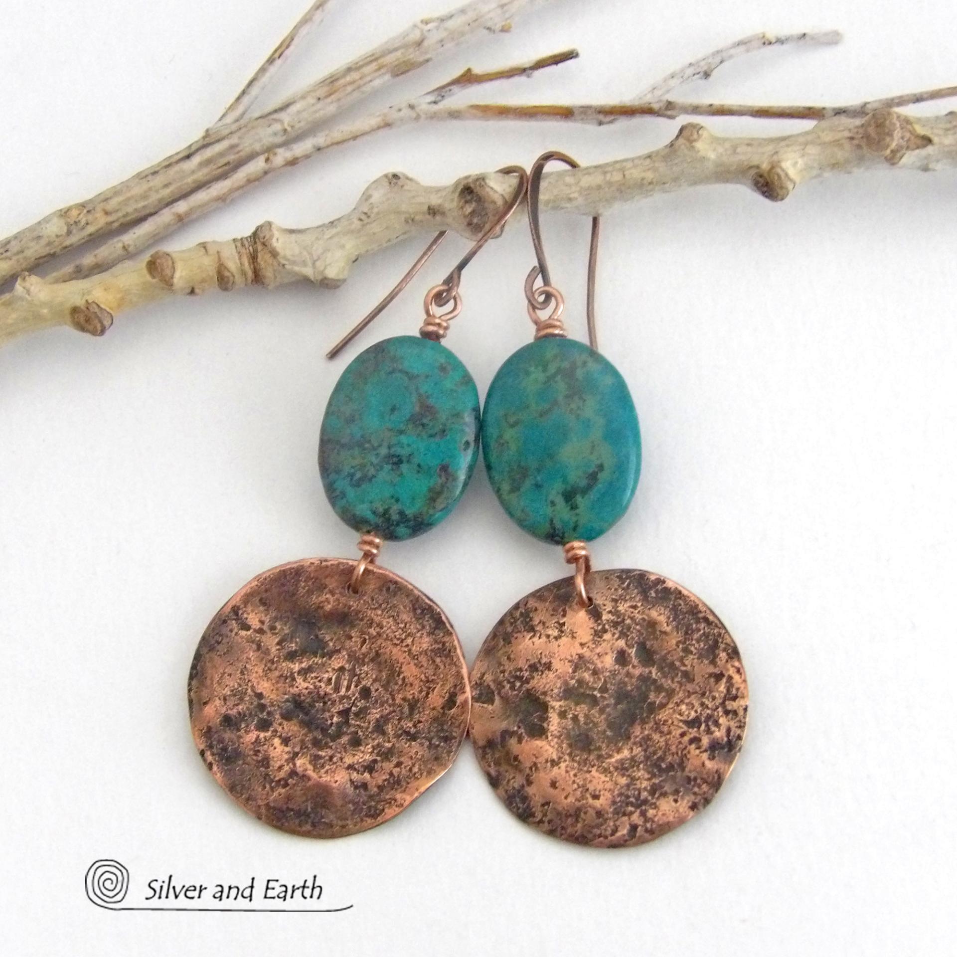 These handcrafted earrings feature copper dangles with a rustic, earthy organic hammered texture accented with natural African turquoise stones. They have an earthy chic style that coordinates beautifully with all wardrobe types. Handmade in the USA by Silver and Earth Jewelry. Your choice of ear wires - copper or hypoallergenic niobium. Makes a great gift for couples celebrating their seventh wedding anniversary, as copper is the traditional choice for this occasion.