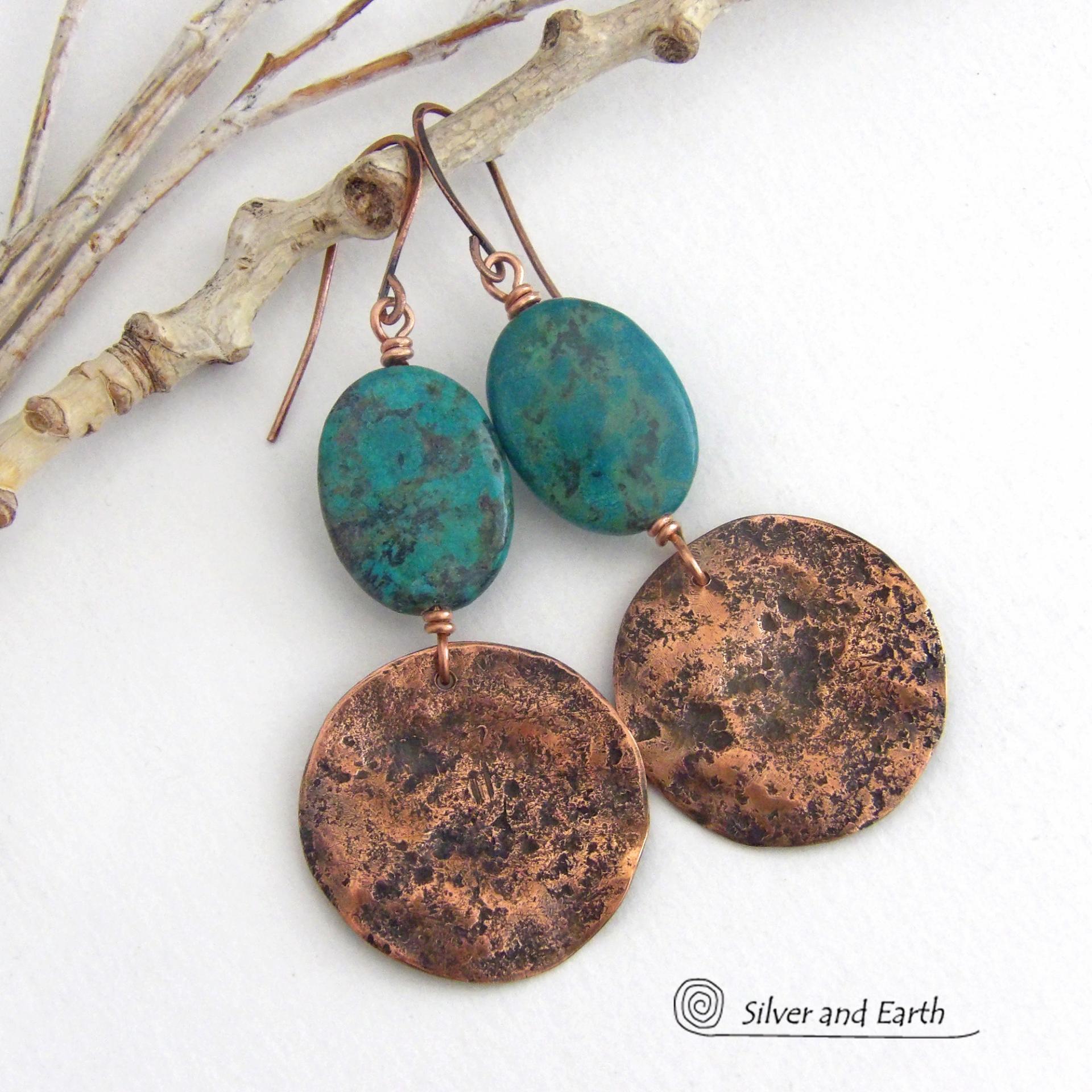 These handcrafted earrings feature copper dangles with a rustic, earthy organic hammered texture accented with natural African turquoise stones. They have an earthy chic style that coordinates beautifully with all wardrobe types. Handmade in the USA by Silver and Earth Jewelry. Your choice of ear wires - copper or hypoallergenic niobium. Makes a great gift for couples celebrating their seventh wedding anniversary, as copper is the traditional choice for this occasion.