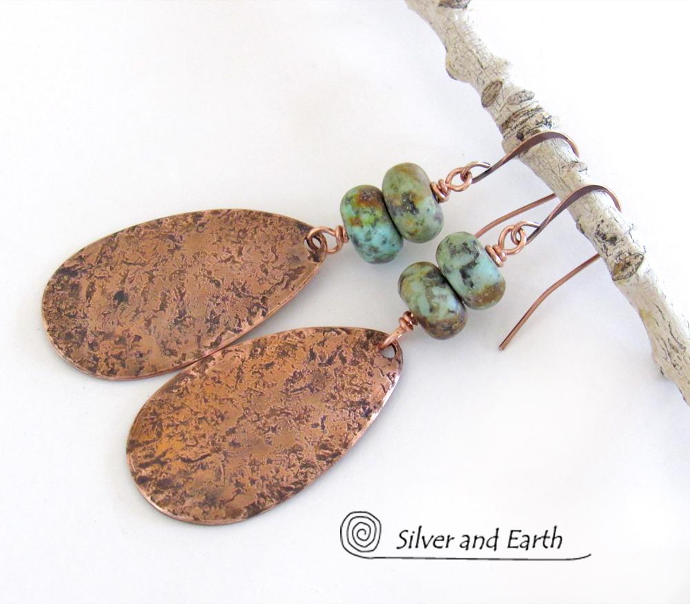 Copper Teardrop Dangle Earrings with African Turquoise Jasper Stones - 7th Anniversary Gifts for Women