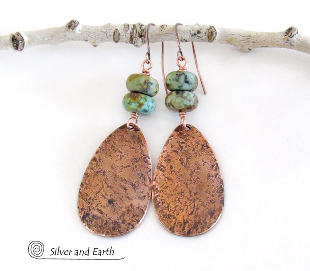 Copper Teardrop Dangle Earrings with African Turquoise Jasper Stones - 7th Anniversary Gifts for Women
