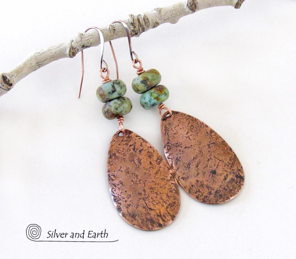 Copper Teardrop Dangle Earrings with African Turquoise Jasper Stones - 7th Anniversary Gifts for Women