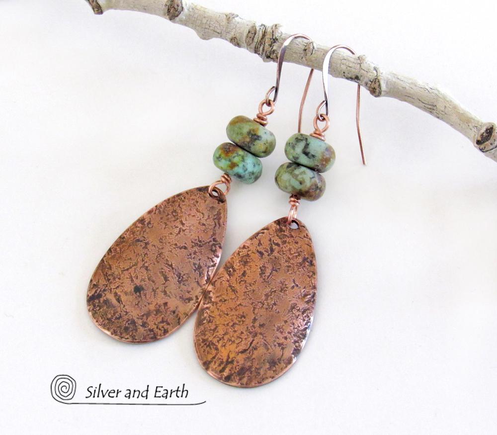 Copper Teardrop Dangle Earrings with African Turquoise Jasper Stones - 7th Anniversary Gifts for Women