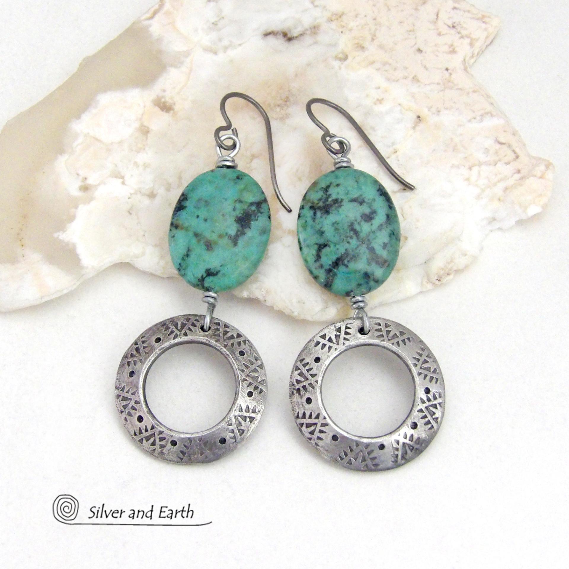 African Turquoise Stone Earrings with Hand Stamped Silver Pewter Circle Hoops