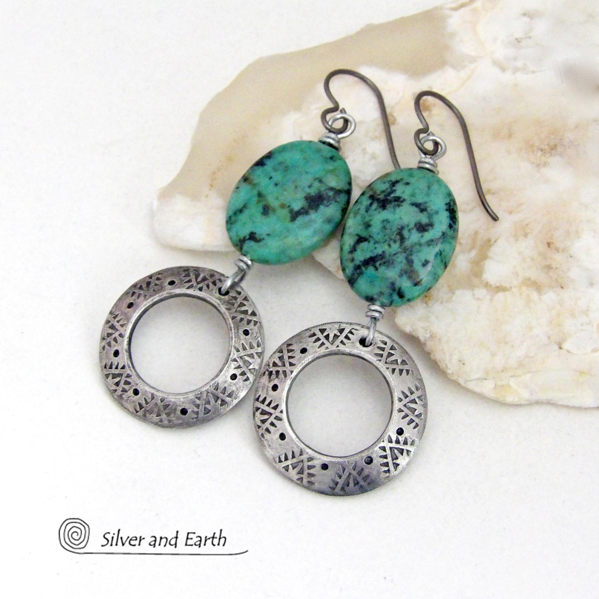 African Turquoise Stone Earrings with Hand Stamped Silver Pewter Circle Hoops