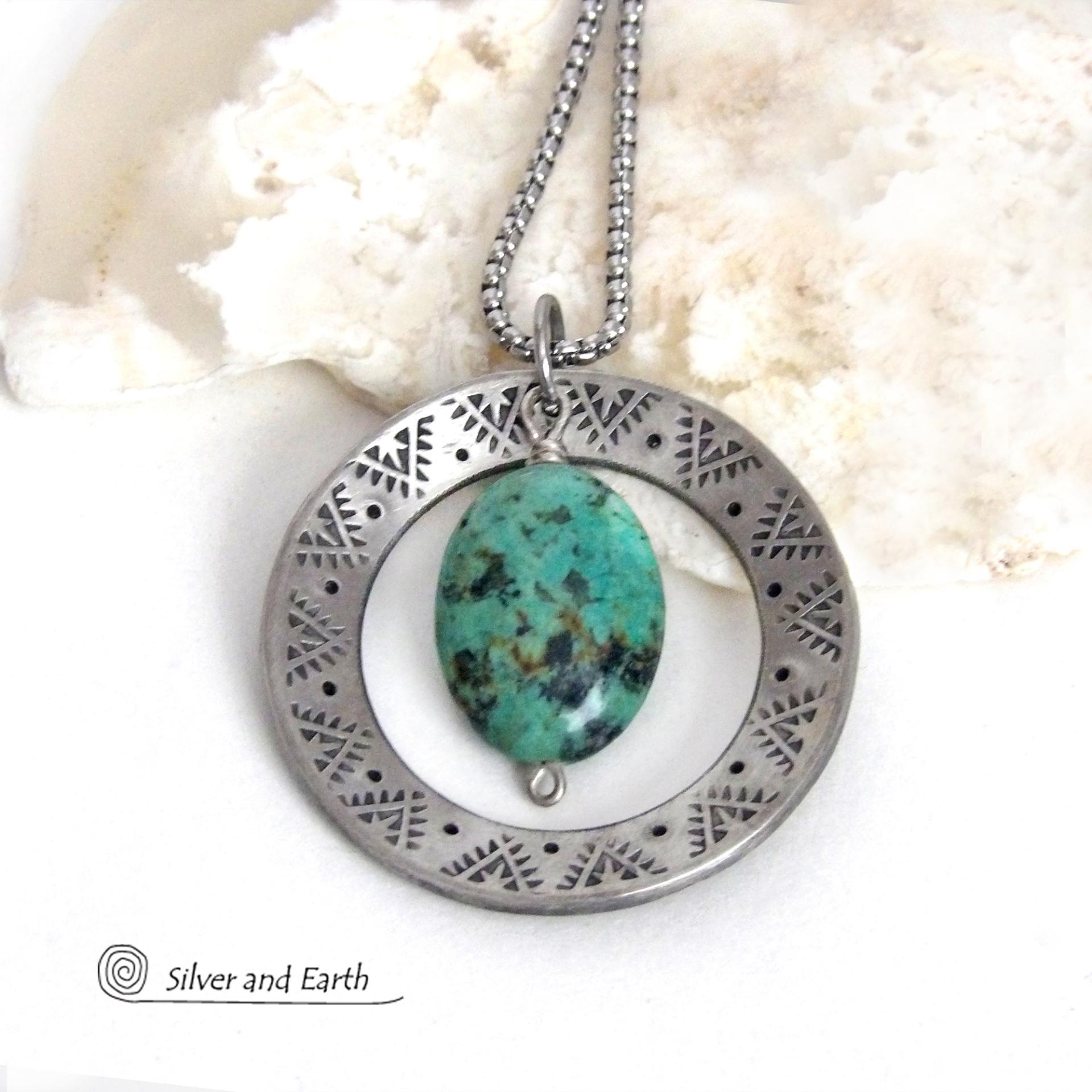 Hand Stamped Silver Pewter Circle Necklace with Natural African Turquoise Stone
