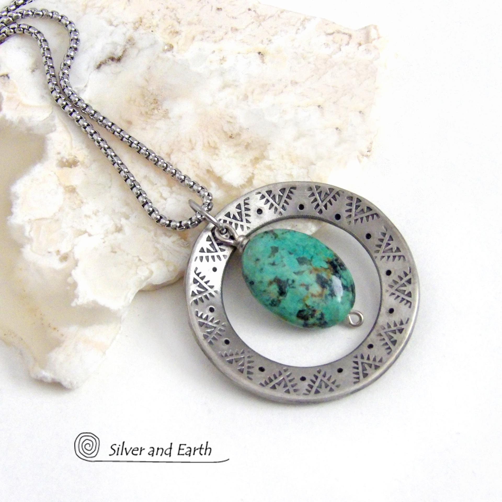 Hand Stamped Silver Pewter Circle Necklace with Natural African Turquoise Stone