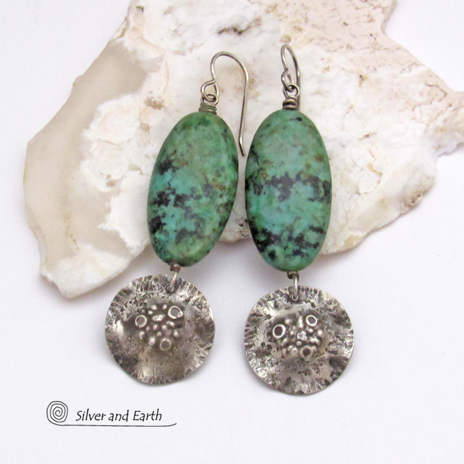 Long African Turquoise Stone Earrings with Rustic Hammered Sterling Silver Dangles