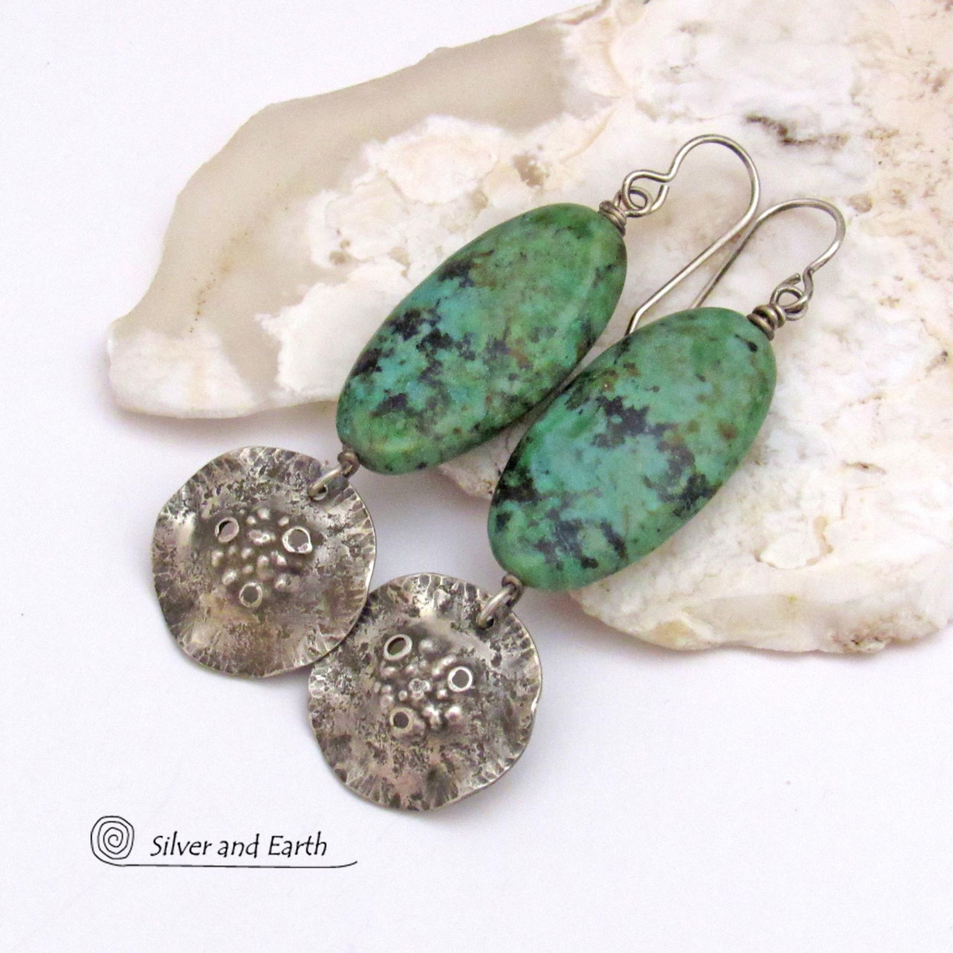 Long African Turquoise Stone Earrings with Rustic Hammered Sterling Silver Dangles