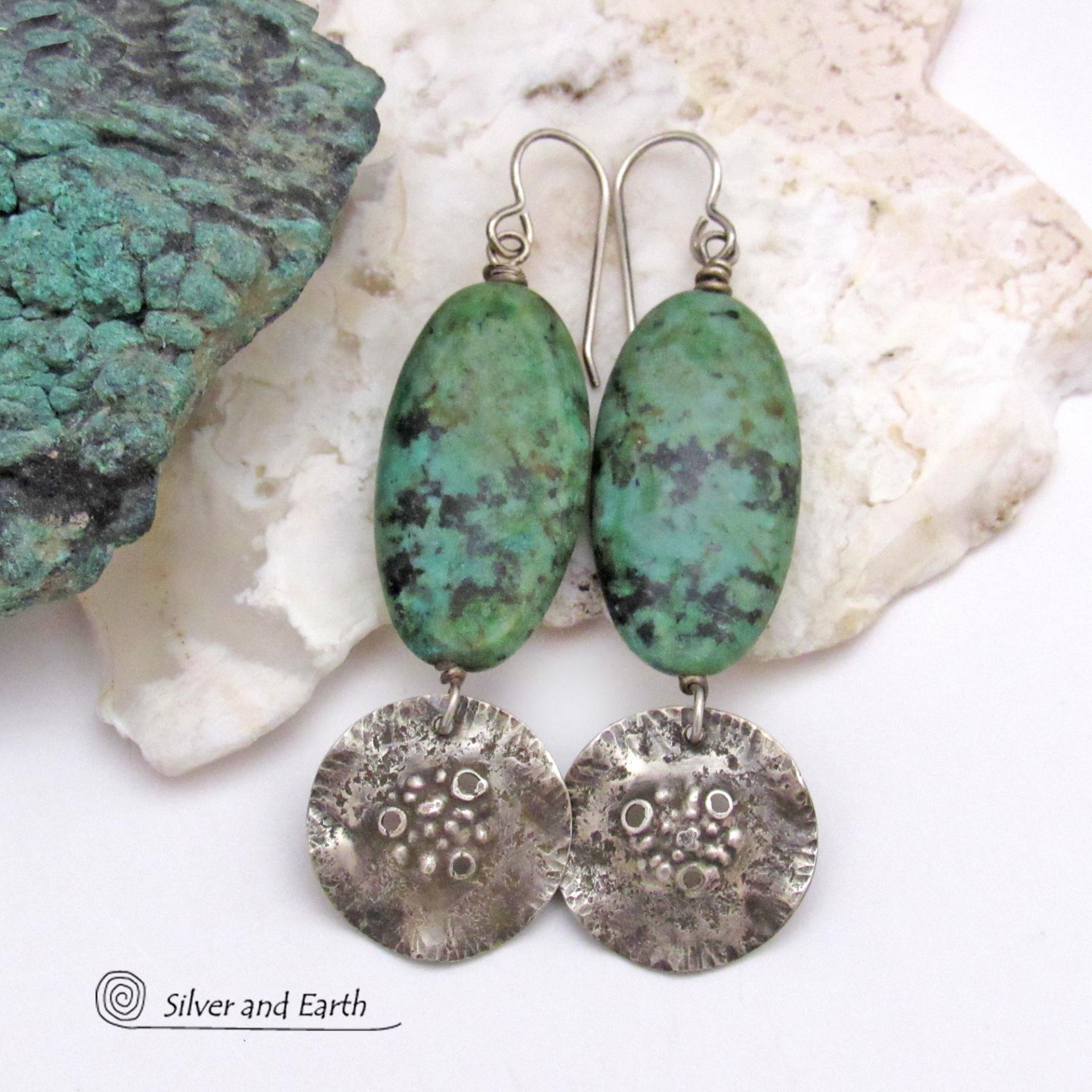 Long African Turquoise Stone Earrings with Rustic Hammered Sterling Silver Dangles