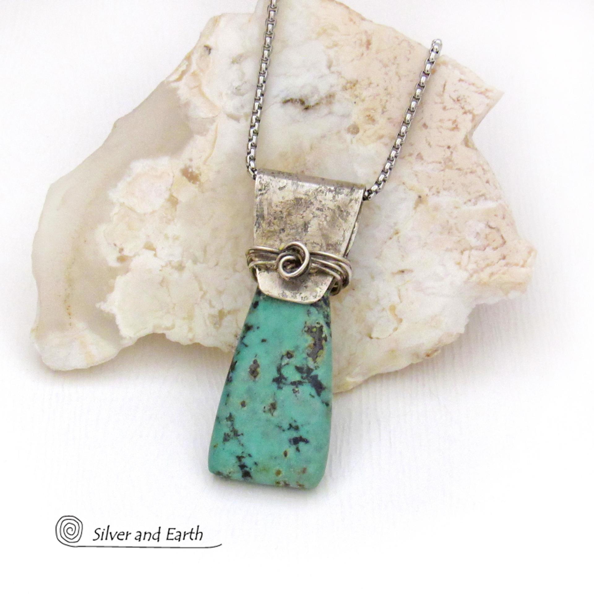 African Turquoise Sterling Silver Necklace - Small Petite Natural Gemstone Pendant Necklace