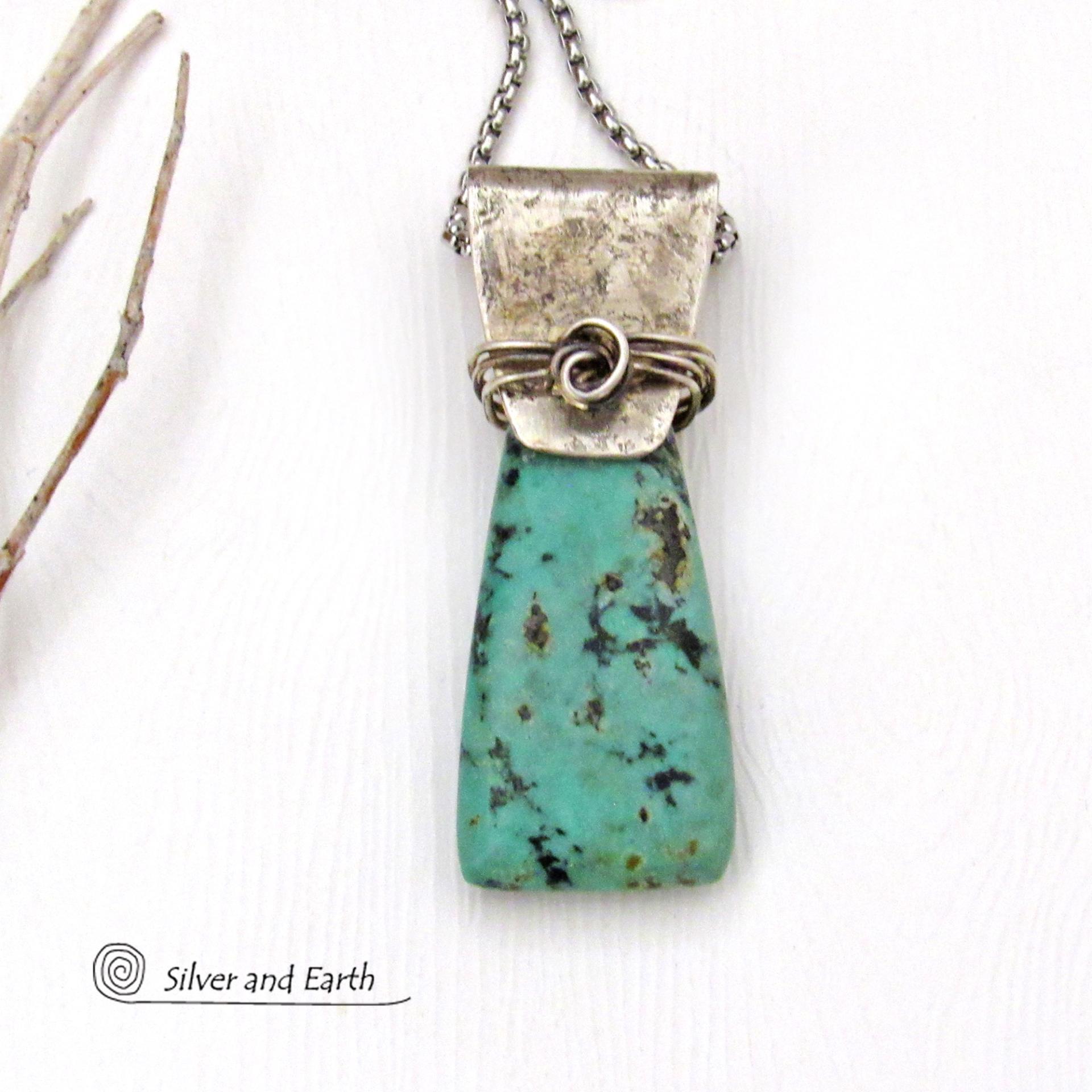 African Turquoise Sterling Silver Necklace - Small Petite Natural Gemstone Pendant Necklace