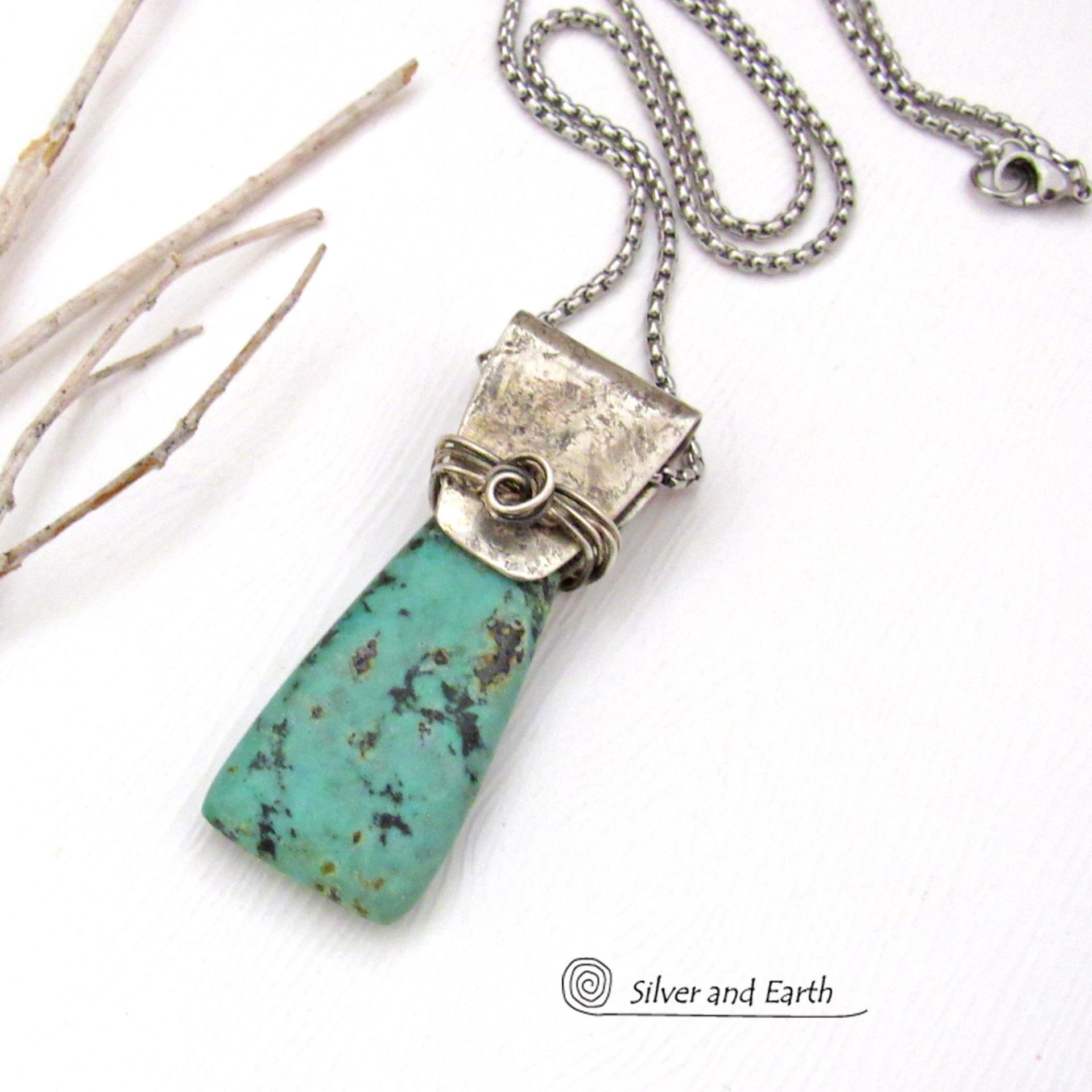 African Turquoise Sterling Silver Necklace - Small Petite Natural Gemstone Pendant Necklace