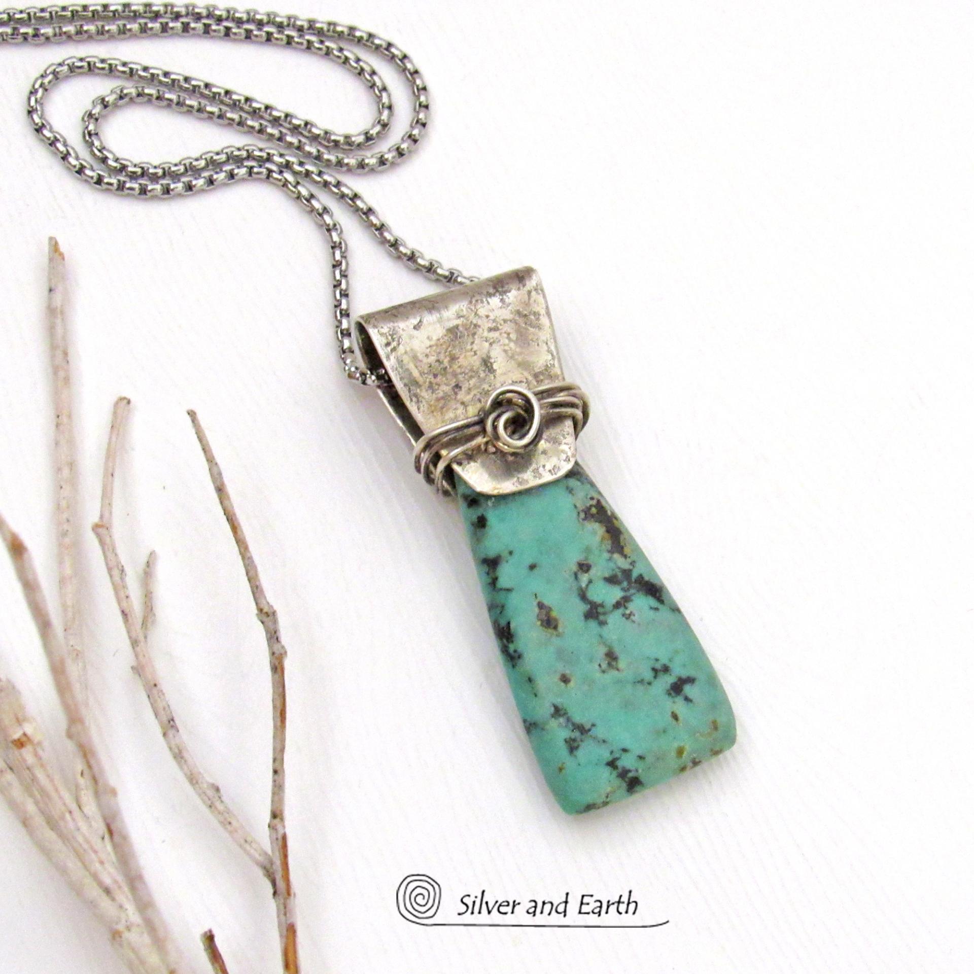 African Turquoise Sterling Silver Necklace - Small Petite Natural Gemstone Pendant Necklace