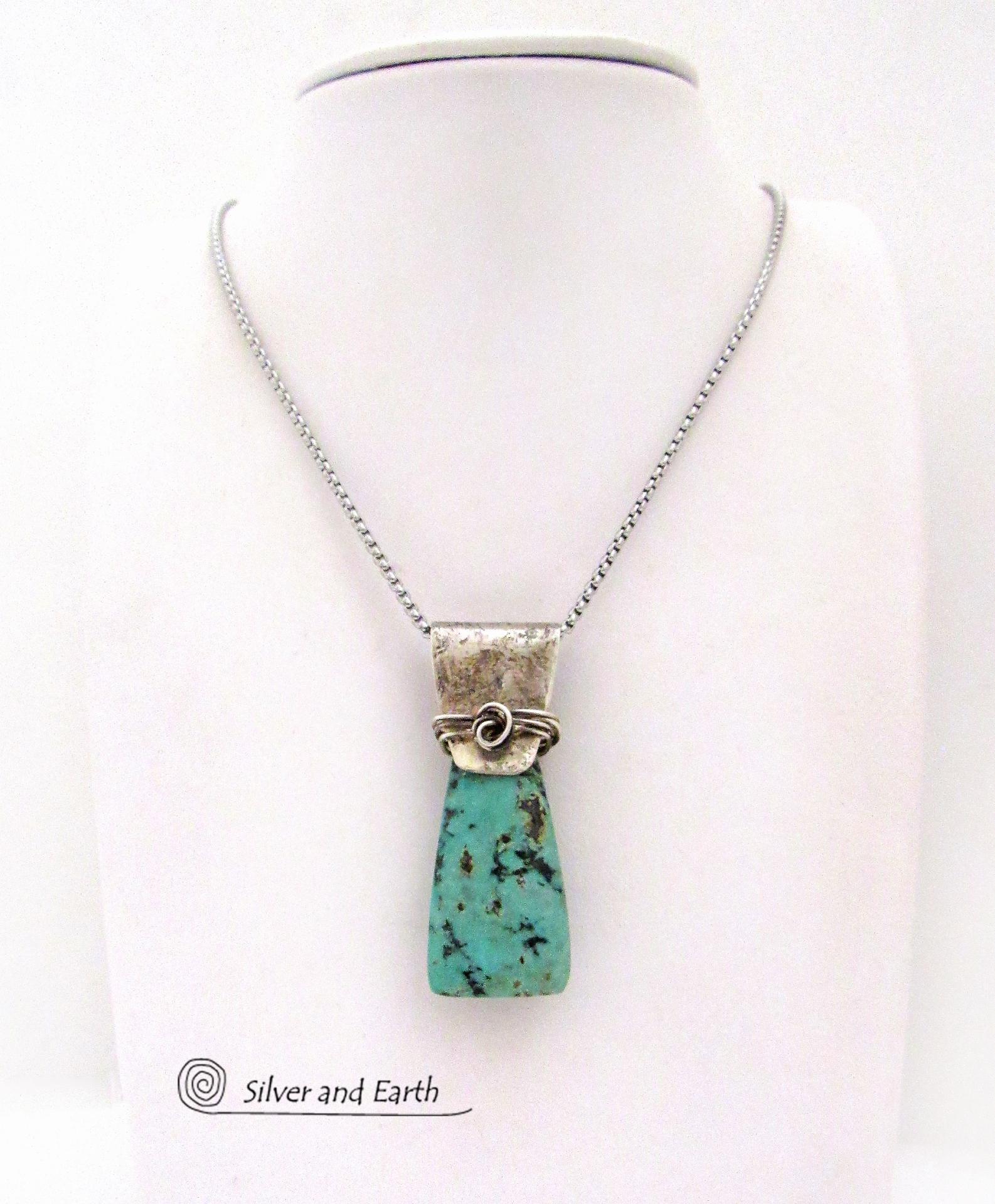 African Turquoise Sterling Silver Necklace - Small Petite Natural Gemstone Pendant Necklace