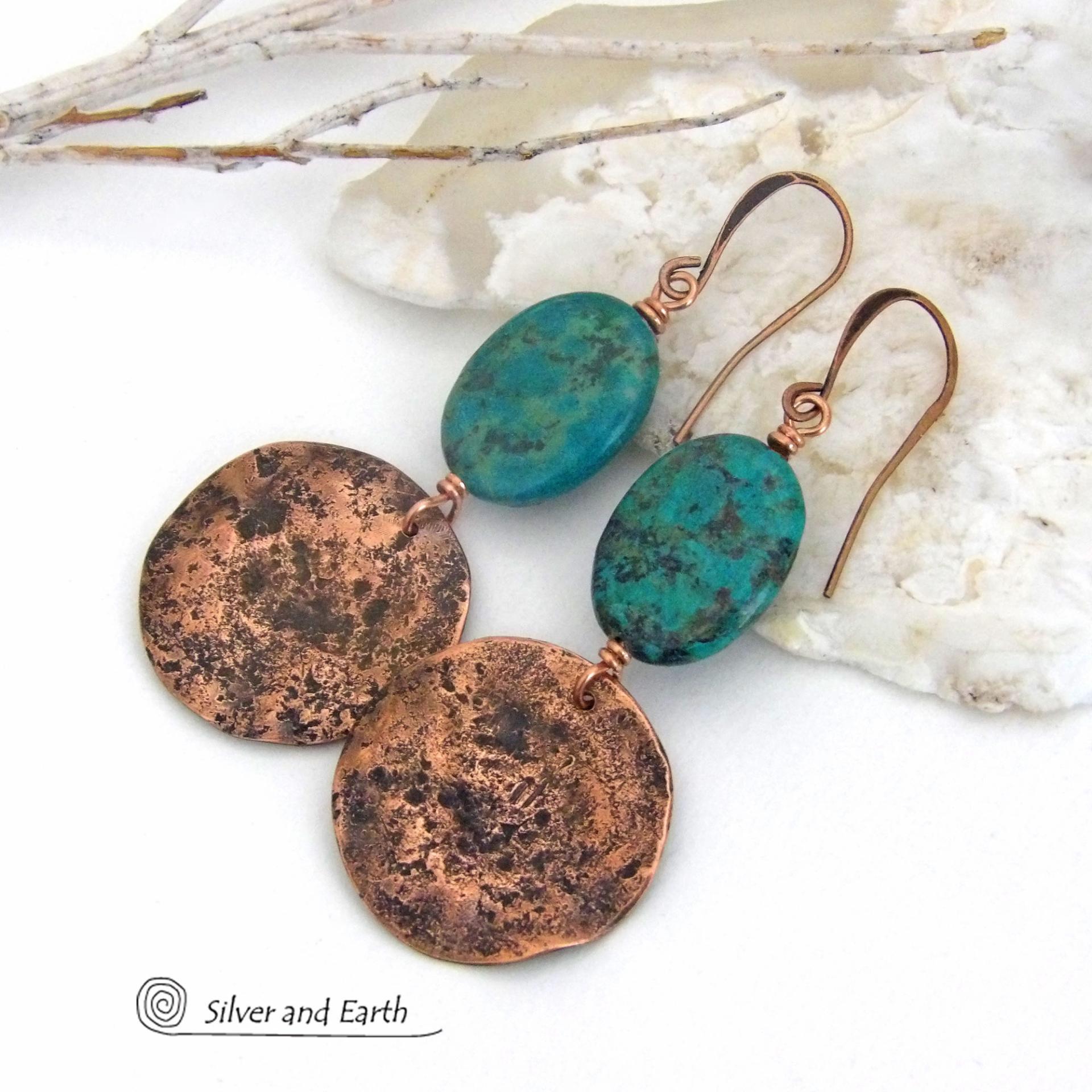 These handcrafted earrings feature copper dangles with a rustic, earthy organic hammered texture accented with natural African turquoise stones. They have an earthy chic style that coordinates beautifully with all wardrobe types. Handmade in the USA by Silver and Earth Jewelry. Your choice of ear wires - copper or hypoallergenic niobium. Makes a great gift for couples celebrating their seventh wedding anniversary, as copper is the traditional choice for this occasion.