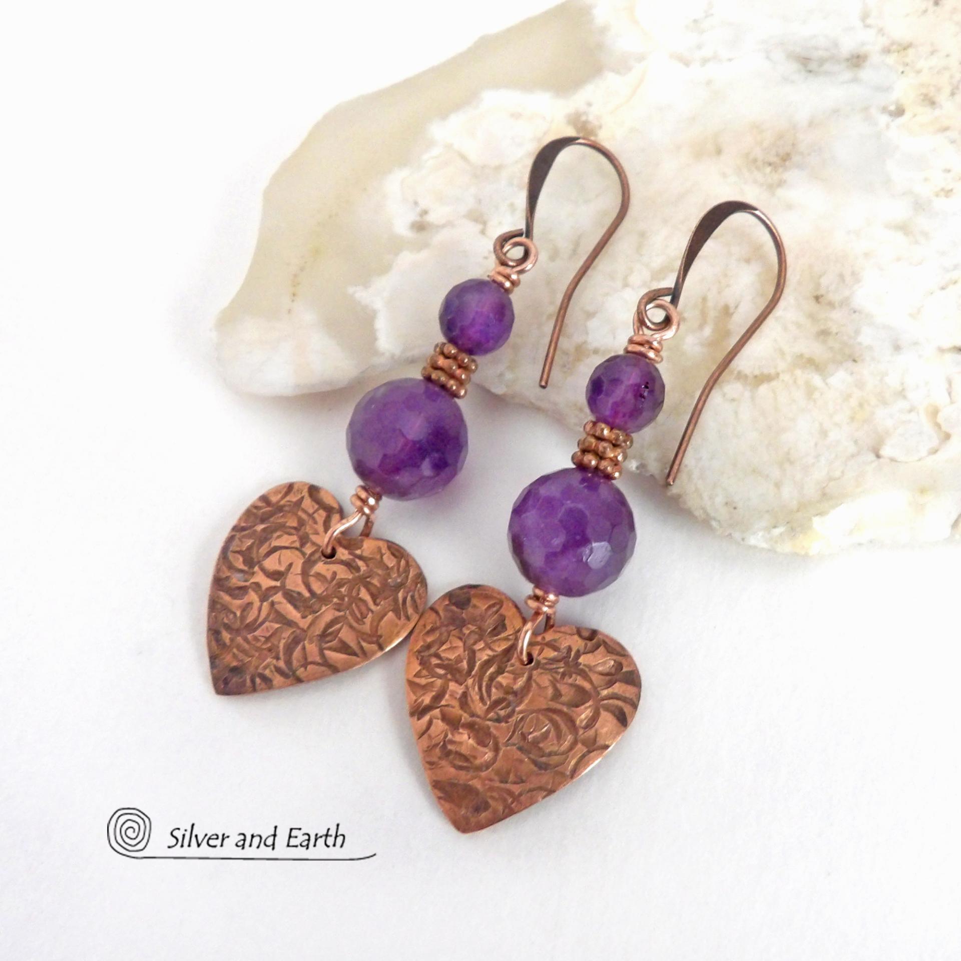 These handcrafted copper heart dangle earrings have a hand stamped texture and are accented with a stack of genuine purple amethyst gemstones with a faceted finish and tiny copper beads. Modern, classic and elegant - the style is always in fashion. The perfect gift for someone special on Valentine's Day or any day! They'll also make a great gift for someone with a February birthday or 6th anniversary - amethyst is the gemstone for either occasion. Or a 7th anniversary gift - copper is the traditional theme.