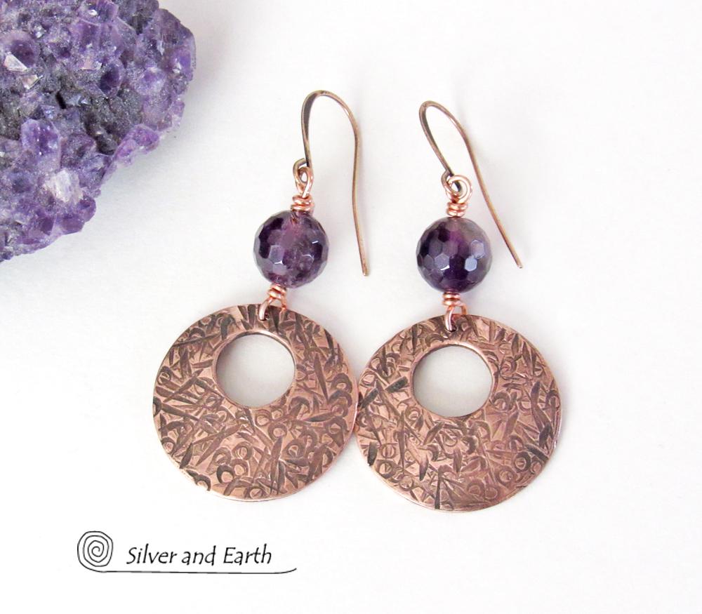 Copper Hoop Earrings with Faceted Purple Amethyst Gemstones - February Birthstone Jewelry - 6th or 7th Anniversary Gift for Wife