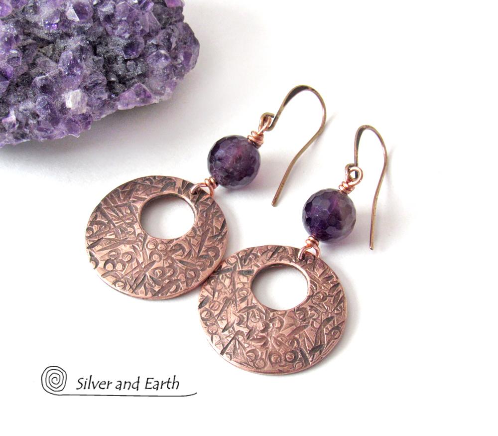 Copper Hoop Earrings with Faceted Purple Amethyst Gemstones - February Birthstone Jewelry - 6th or 7th Anniversary Gift for Wife