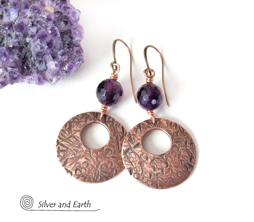 Copper Hoop Earrings with Faceted Purple Amethyst Gemstones - February Birthstone Jewelry - 6th or 7th Anniversary Gift for Wife