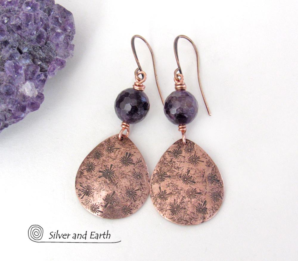These copper teardrop dangle earrings have a hand stamped texture accented with genuine purple amethyst gemstones with a faceted finish. Modern, classic and elegant - the style is always in fashion. They'll make a great gift for a someone with a February birthday or 6th anniversary gift - amethyst is the gemstone for either occasion. Or a 7th anniversary gift - copper is the traditional theme for this occasion.