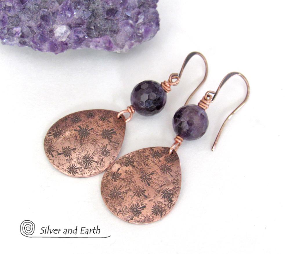 Copper Teardrop Earrings with Purple Amethyst Gemstones - February Birthstone Jewelry - 6th or 7th Anniversary Gift for Wife