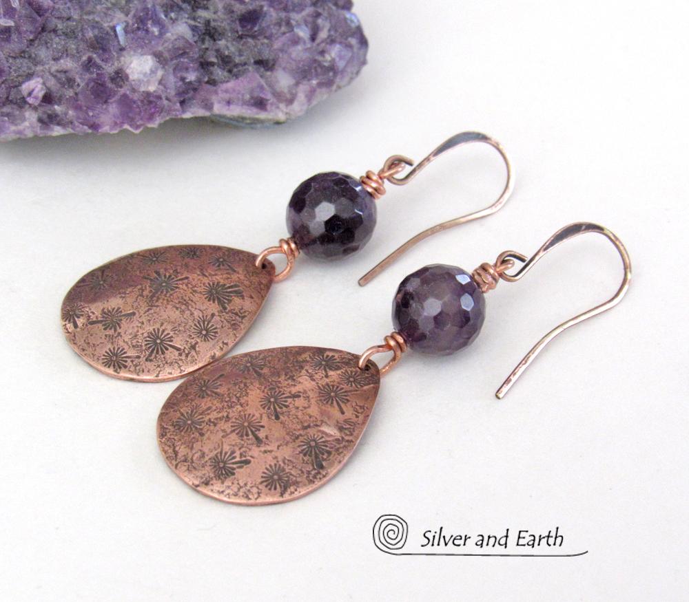 These copper teardrop dangle earrings have a hand stamped texture accented with genuine purple amethyst gemstones with a faceted finish. Modern, classic and elegant - the style is always in fashion. They'll make a great gift for a someone with a February birthday or 6th anniversary gift - amethyst is the gemstone for either occasion. Or a 7th anniversary gift - copper is the traditional theme for this occasion.