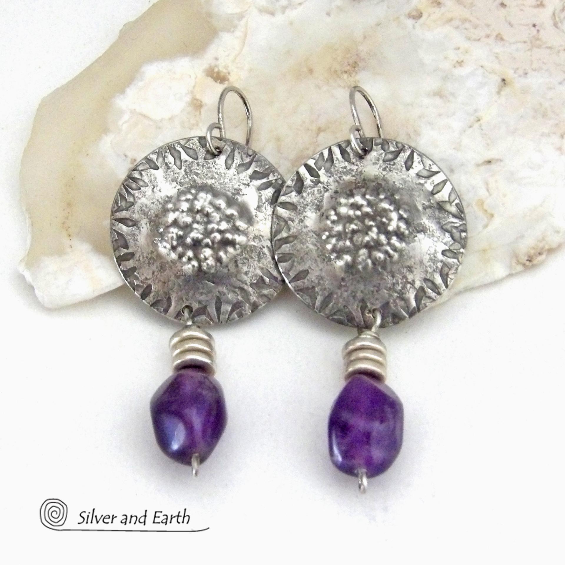 Bold Modern Sterling Silver Earrings with Purple Amethyst Gemstones - February Birthstone Jewelry - 6th Anniversary Gift for Wife