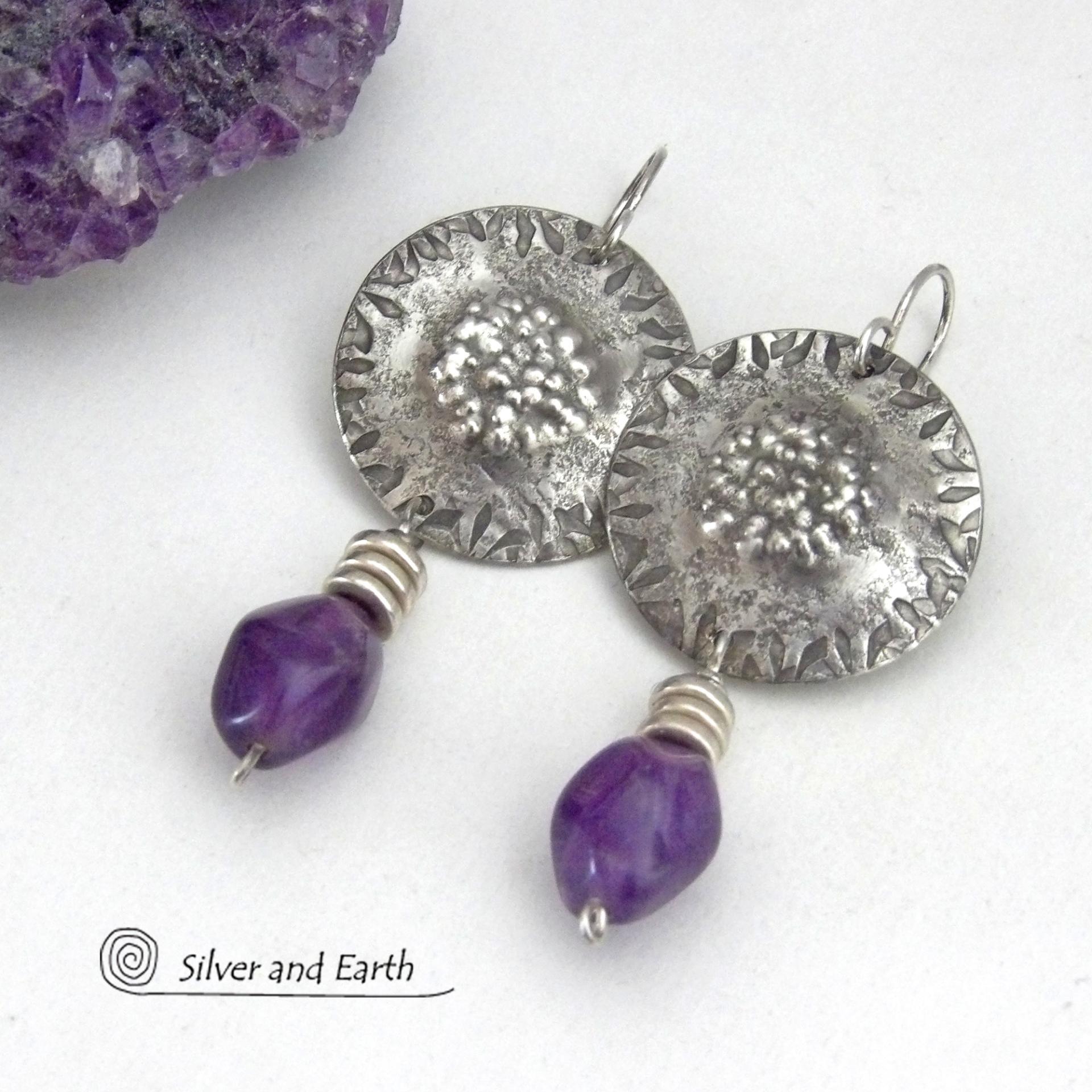 Bold Modern Sterling Silver Earrings with Purple Amethyst Gemstones - February Birthstone Jewelry - 6th Anniversary Gift for Wife