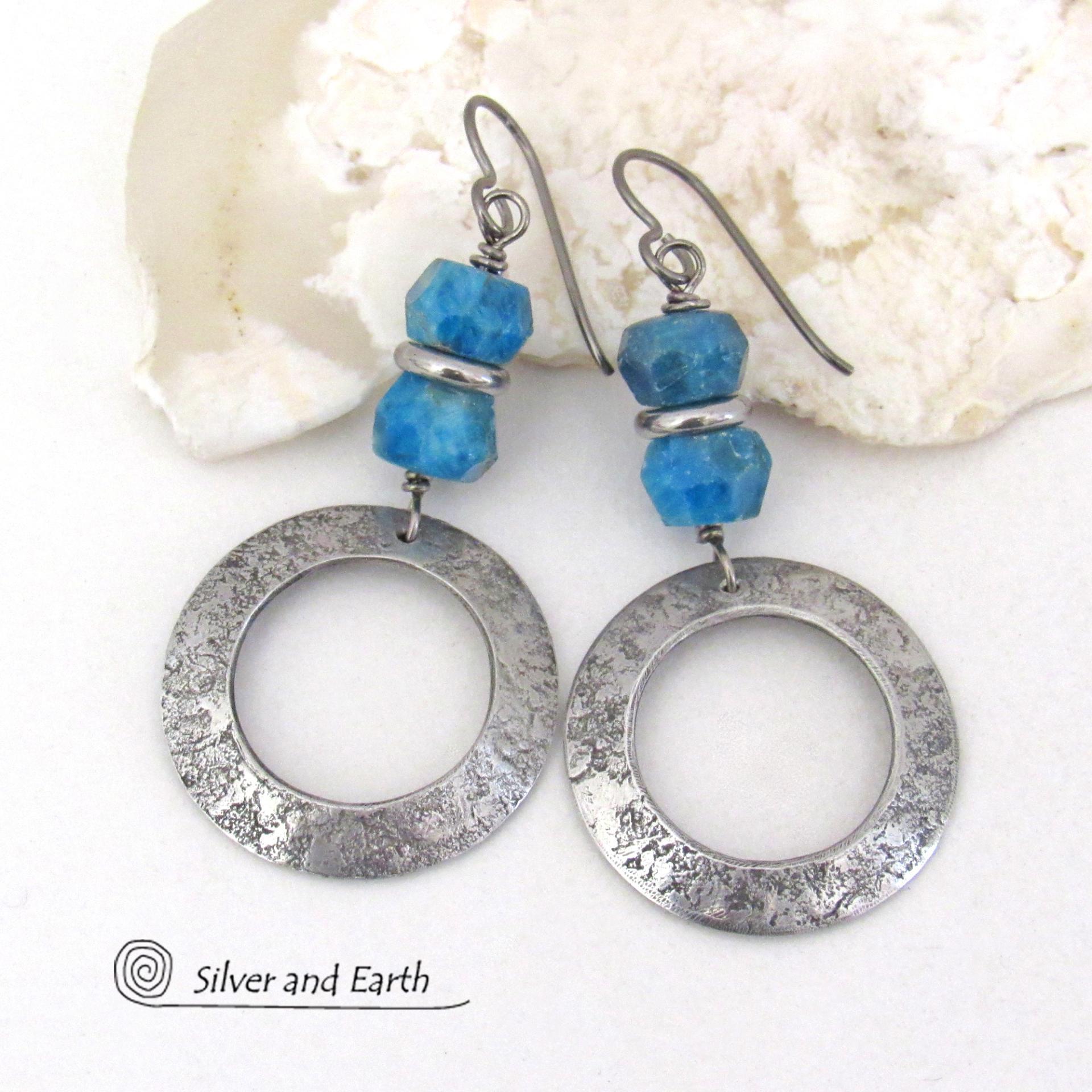Silver Pewter Circle Hoop Earrings with Faceted Blue Apatite Gemstones