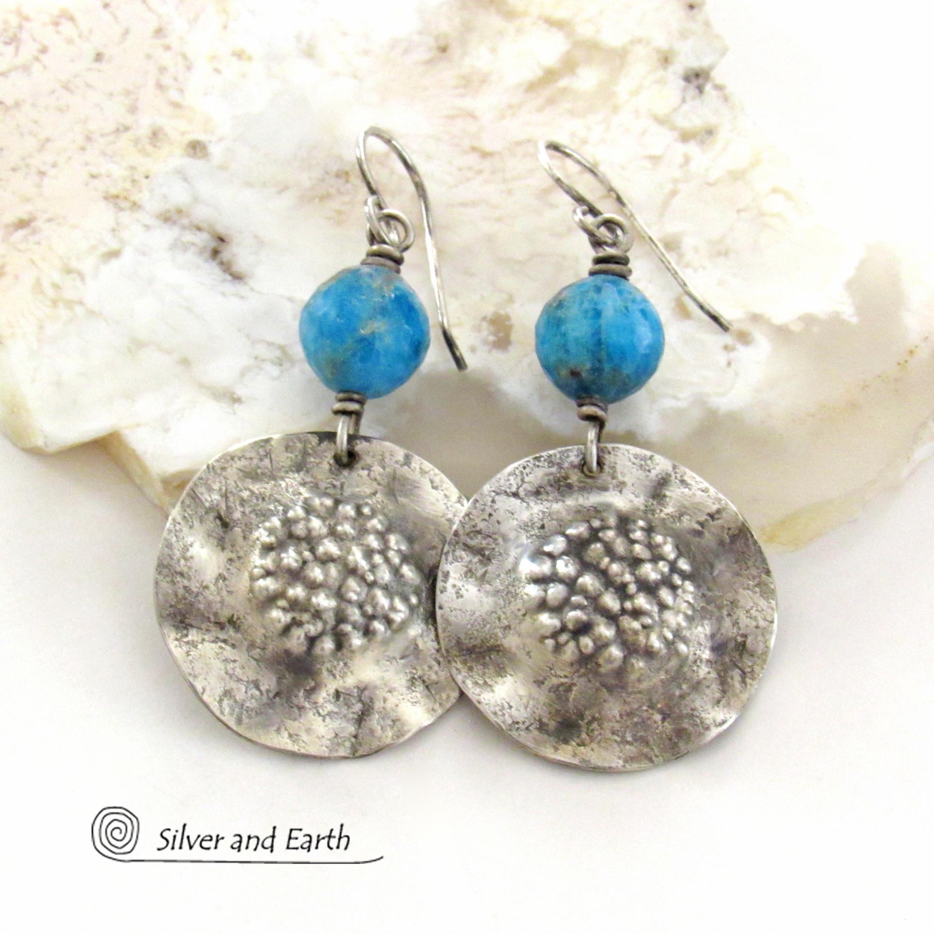 Hammered Sterling Silver Earrings with Faceted Blue Apatite Gemstones - Artisan Handmade Modern Earthy Organic Style Jewelry