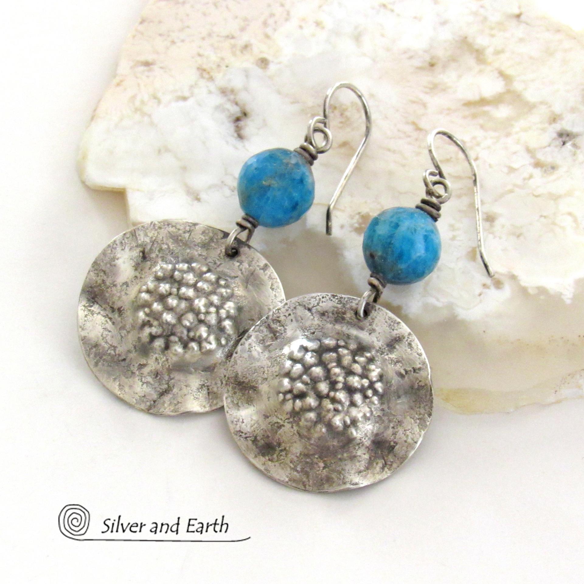 Hammered Sterling Silver Earrings with Faceted Blue Apatite Gemstones - Artisan Handmade Modern Earthy Organic Style Jewelry