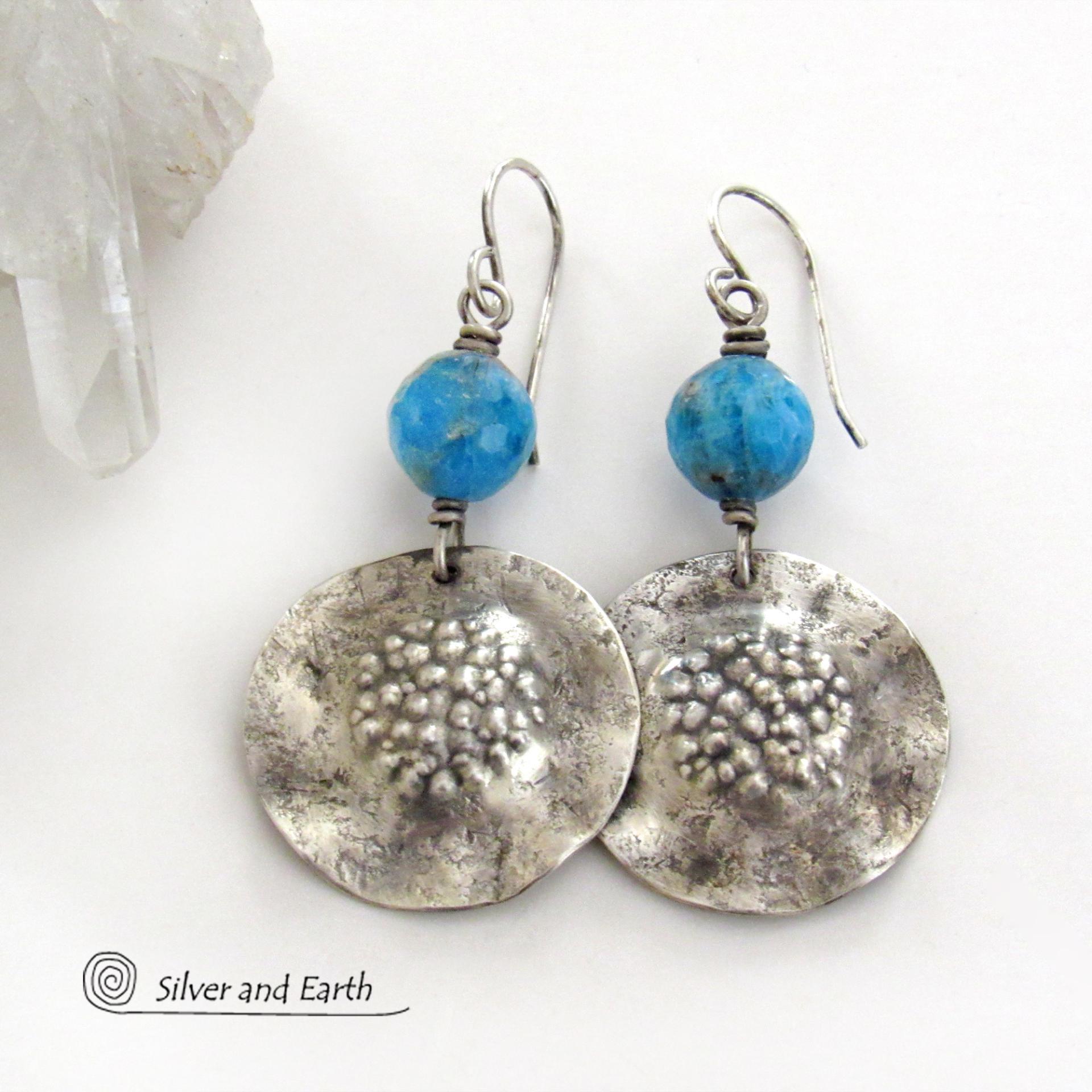 Hammered Sterling Silver Earrings with Faceted Blue Apatite Gemstones - Artisan Handmade Modern Earthy Organic Style Jewelry