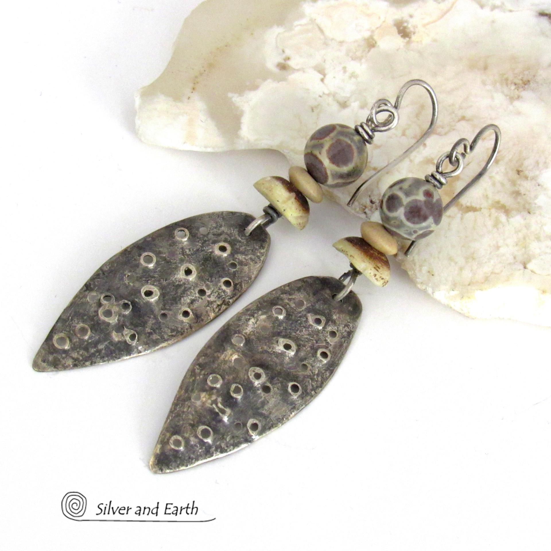 Rustic Sterling Silver Earrings with Asteroid Jasper Stones - Bold Edgy Earthy Organic Style Jewelry