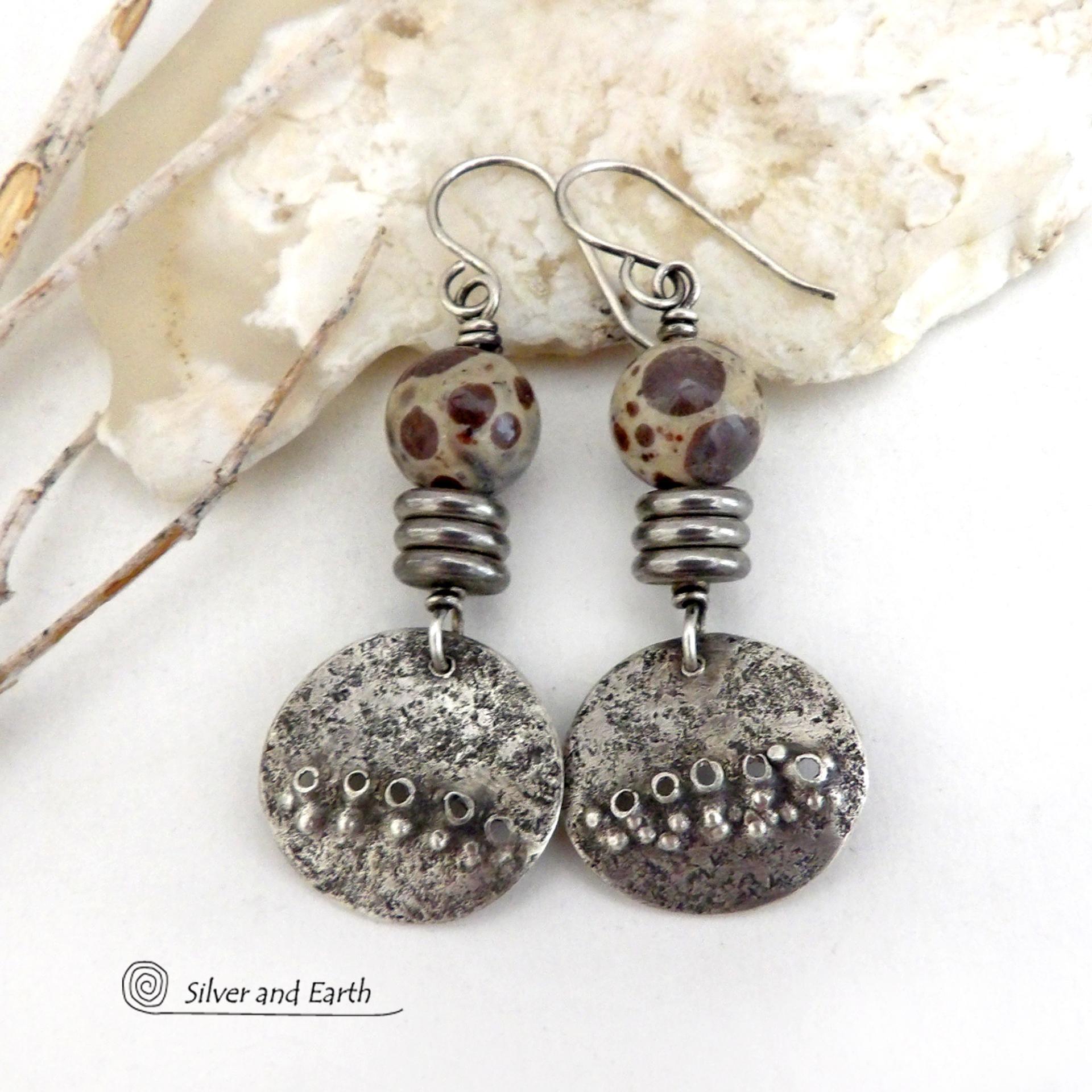 Small Rustic Hammered Sterling Silver Earrings with Earthy Natural Asteroid Jasper Stones