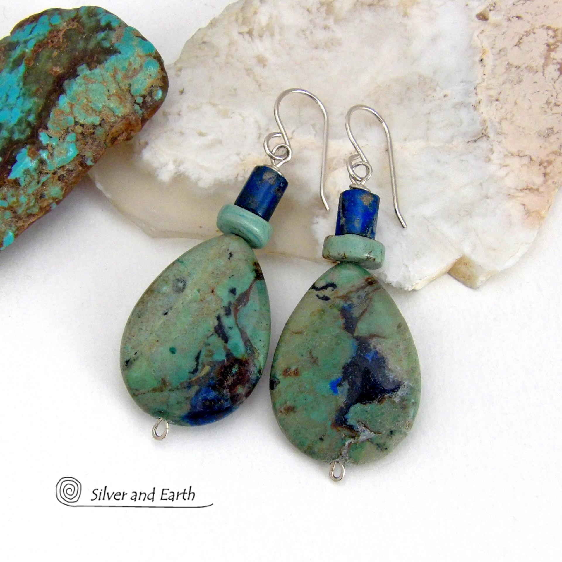 These earrings feature natural azurite-malachite gemstones with beautiful hues of royal blue and turquoise, along with subtle brown streaks. They are accented with a natural turquoise and azurite bead. Azurite-malachite is a combination of two different gemstones found blended together - compliments of Mother Nature. The rich blue color of the azurite is found intertwined with the deep, rich earthy green malachite. This "marriage" of stones is typically found in or around copper deposits. 