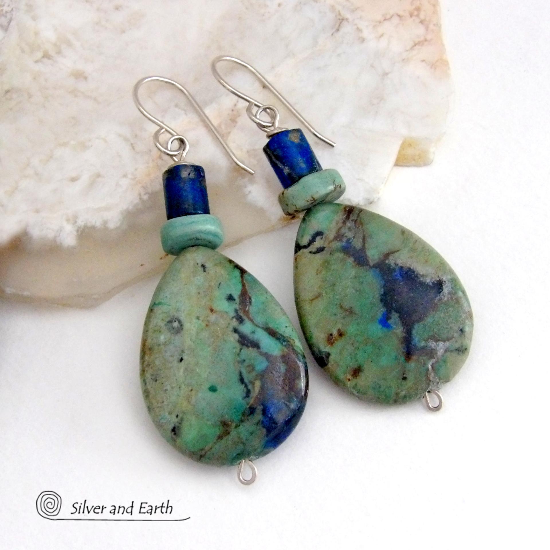 These earrings feature natural azurite-malachite gemstones with beautiful hues of royal blue and turquoise, along with subtle brown streaks. They are accented with a natural turquoise and azurite bead. Azurite-malachite is a combination of two different gemstones found blended together - compliments of Mother Nature. The rich blue color of the azurite is found intertwined with the deep, rich earthy green malachite. This "marriage" of stones is typically found in or around copper deposits. 