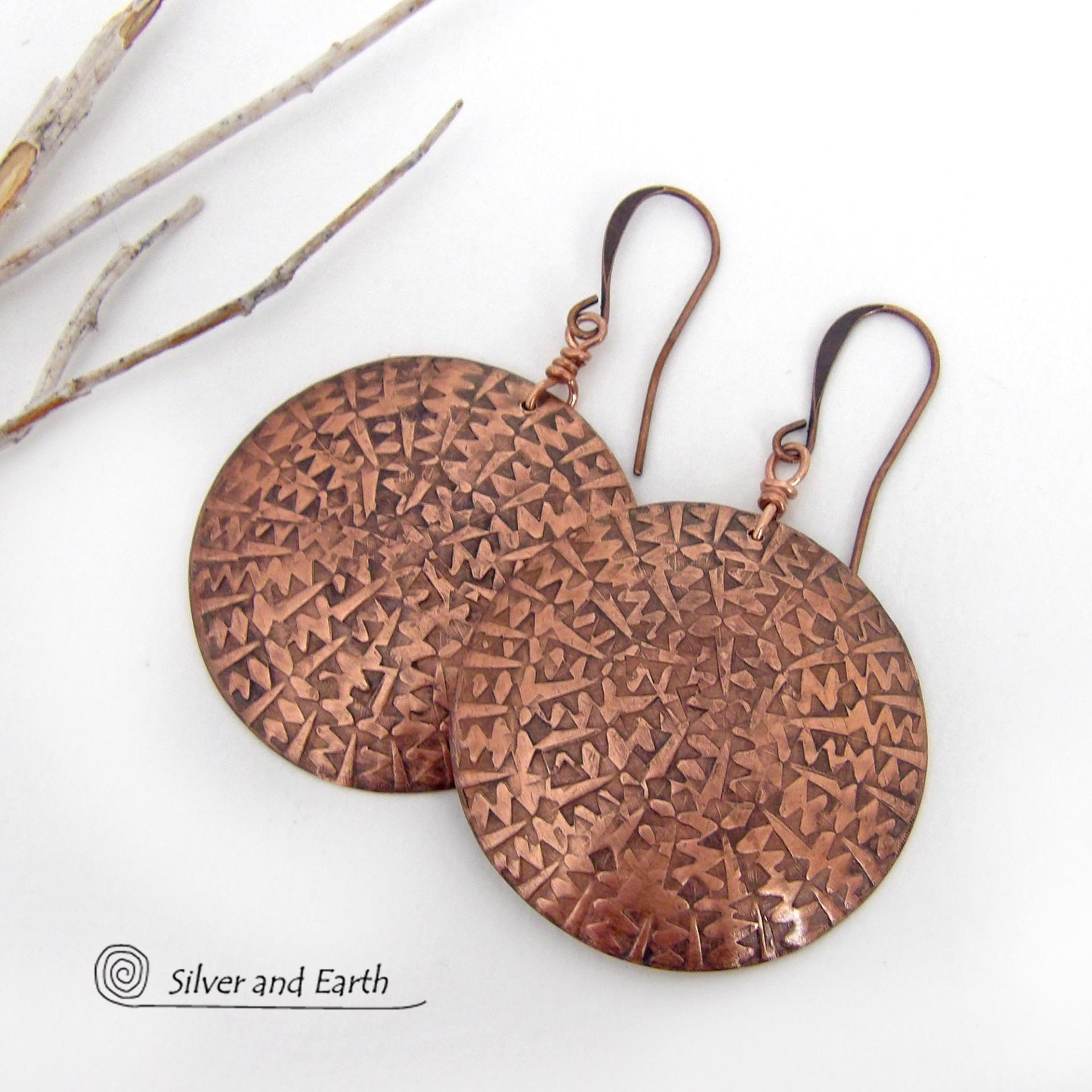 Big Bold Copper Earrings with Unique Texture - Handmade Solid Copper Jewelry