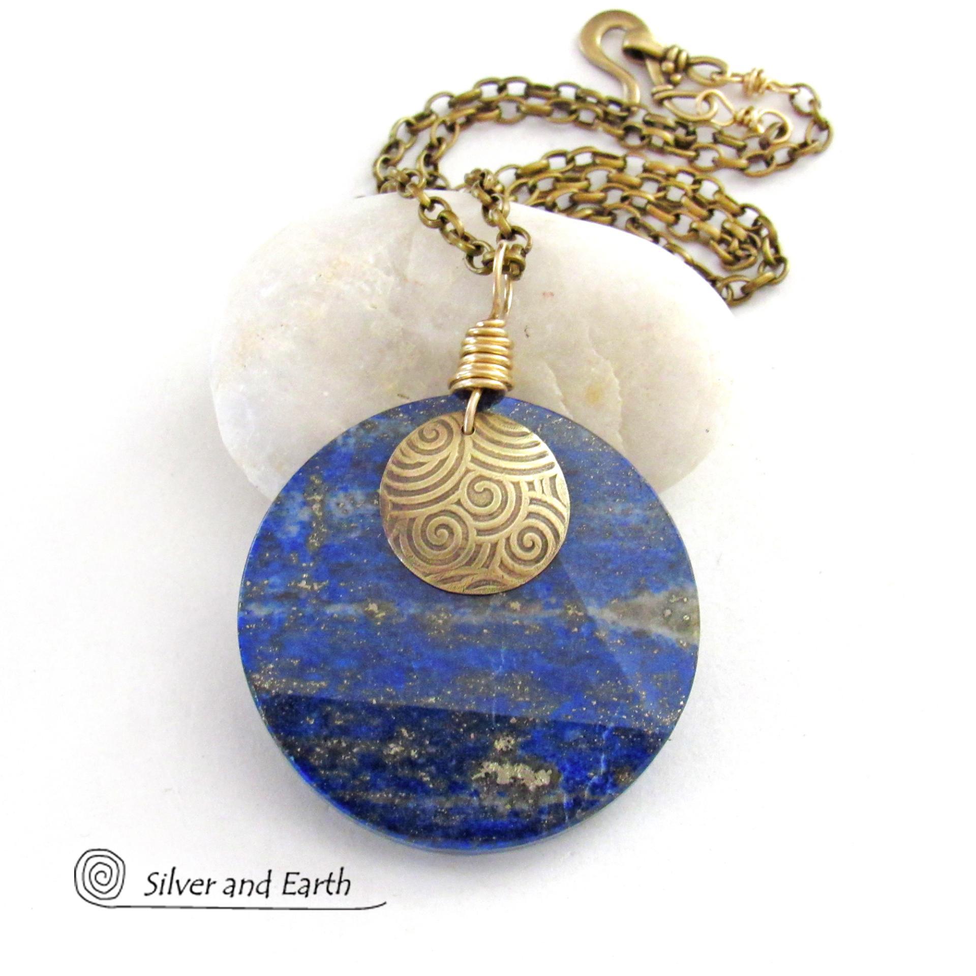 Blue Lapis Lazuli Gemstone Necklace with Spiral Textured Gold Brass - Bold Unique One of a Kind Egyptian Style Statement Jewelry 