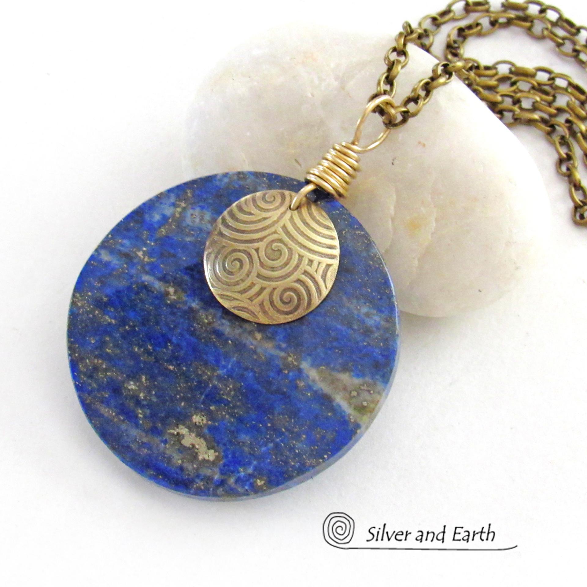 Blue Lapis Lazuli Gemstone Necklace with Spiral Textured Gold Brass - Bold Unique One of a Kind Egyptian Style Statement Jewelry 