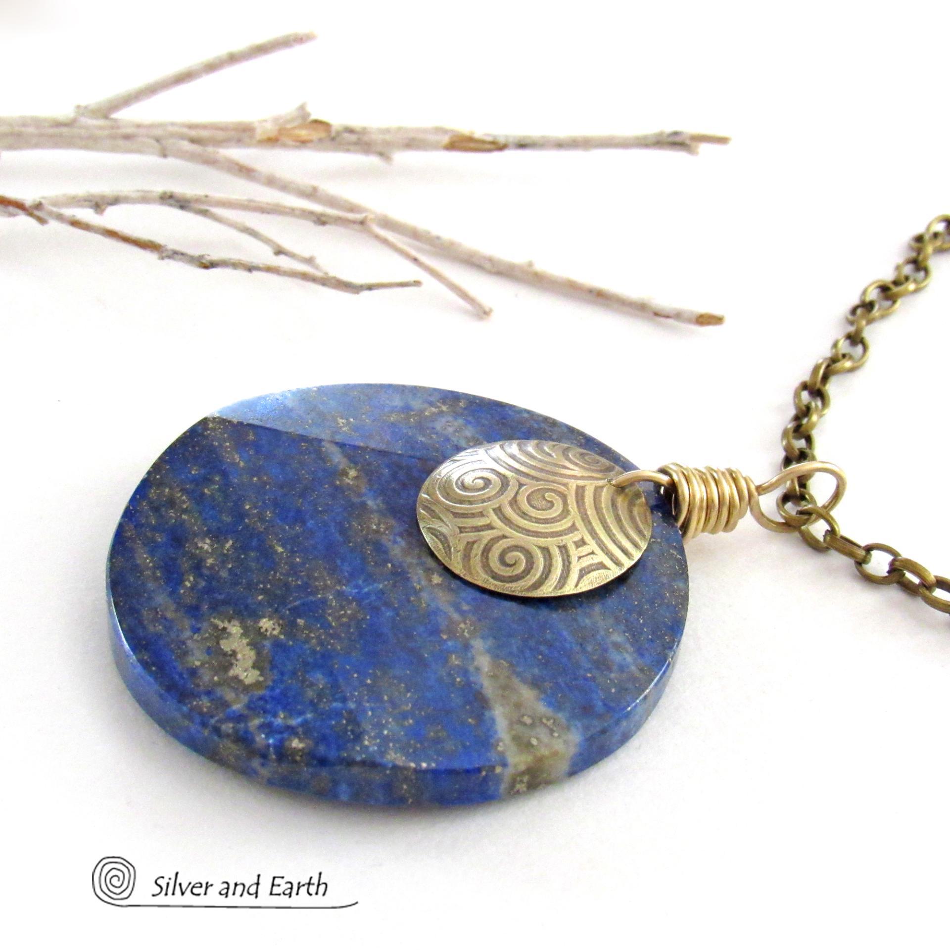 Blue Lapis Lazuli Gemstone Necklace with Spiral Textured Gold Brass - Bold Unique One of a Kind Egyptian Style Statement Jewelry 