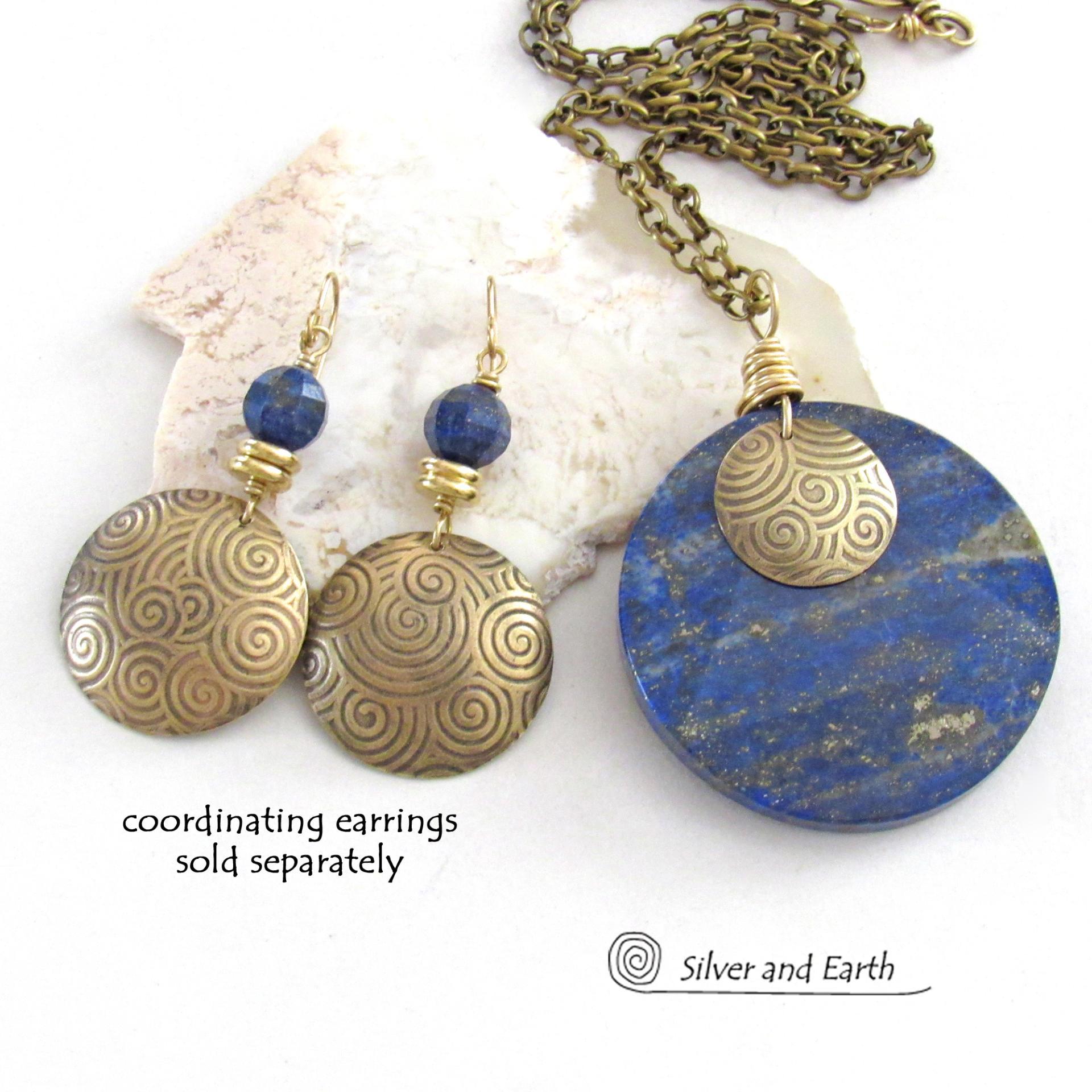 Blue Lapis Lazuli Gemstone Necklace with Spiral Textured Gold Brass - Bold Unique One of a Kind Egyptian Style Statement Jewelry 