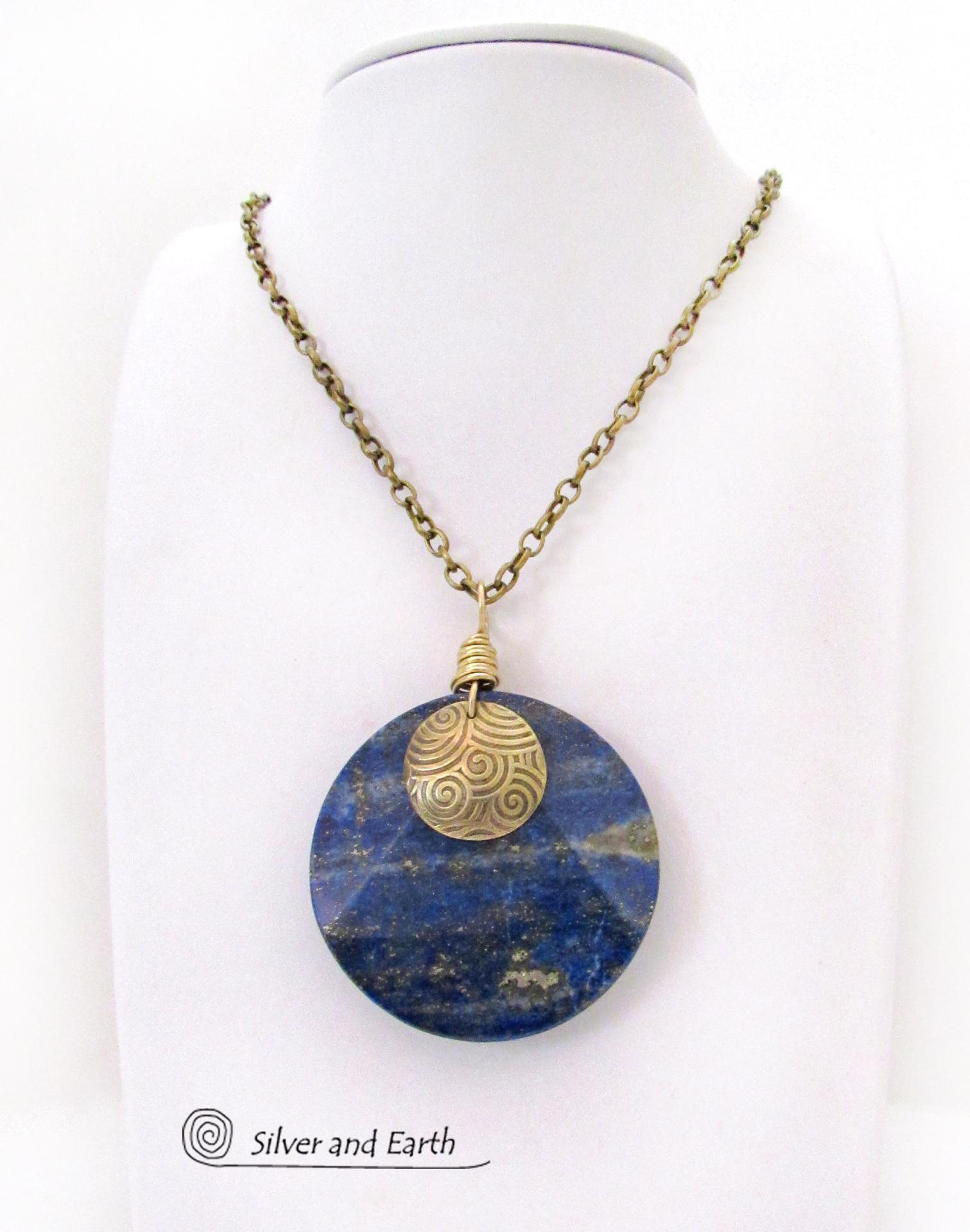 Blue Lapis Lazuli Gemstone Necklace with Spiral Textured Gold Brass - Bold Unique One of a Kind Egyptian Style Statement Jewelry 