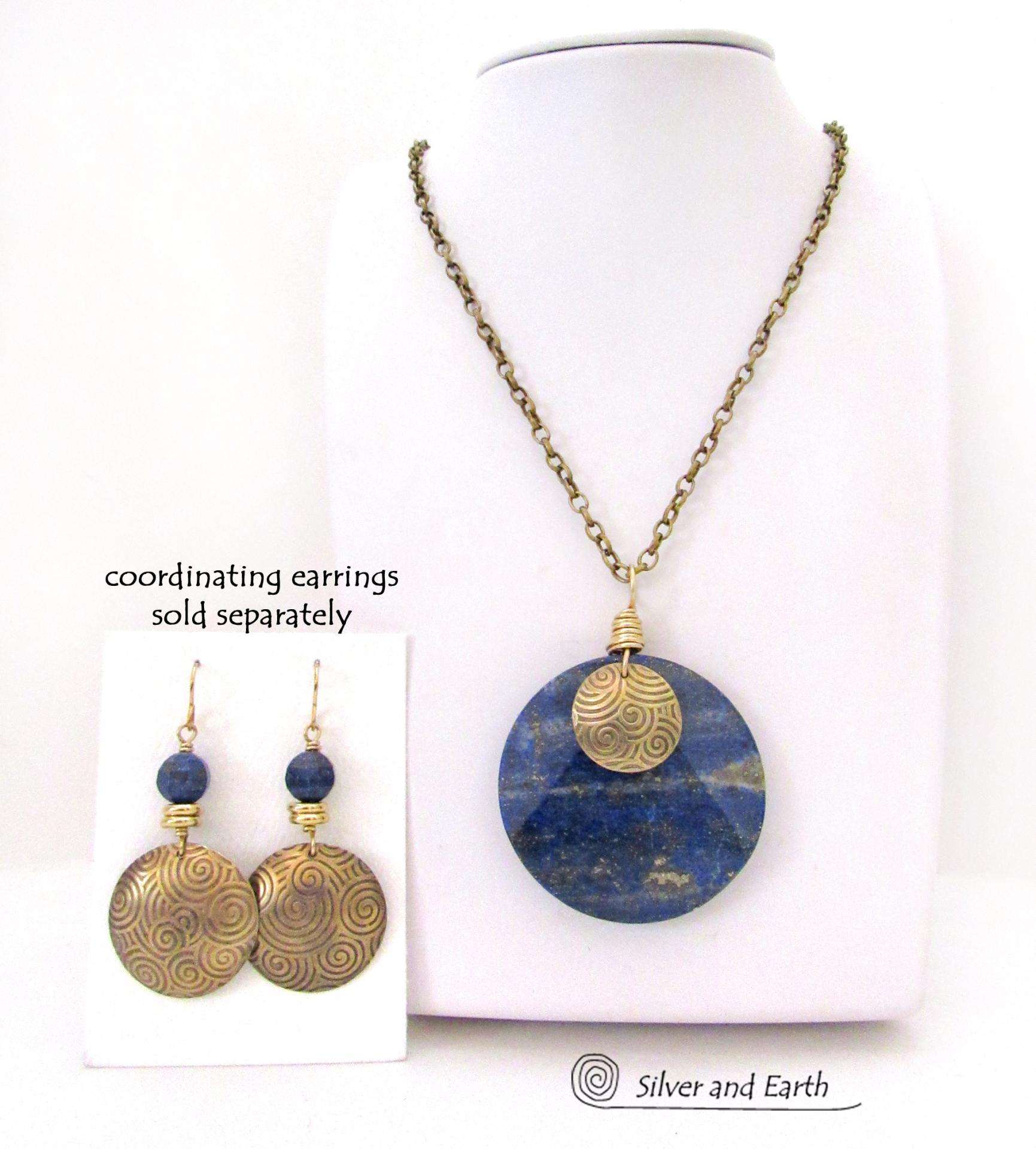 Blue Lapis Lazuli Gemstone Necklace with Spiral Textured Gold Brass - Bold Unique One of a Kind Egyptian Style Statement Jewelry 