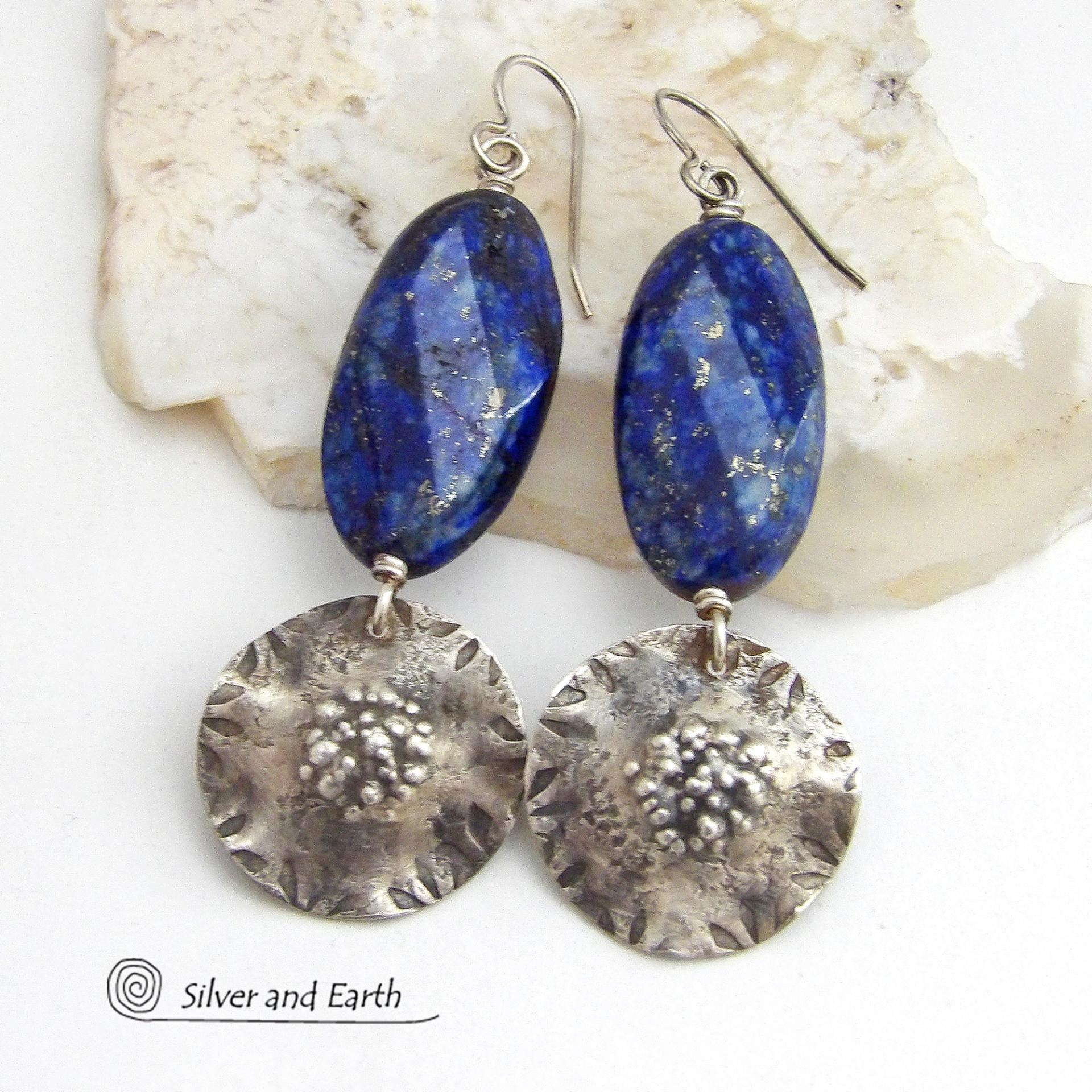 Sterling Silver Dangle Earrings with Large Blue Lapis Lazuli Gemstones - Artisan Handmade Bold Modern Statement Jewelry
