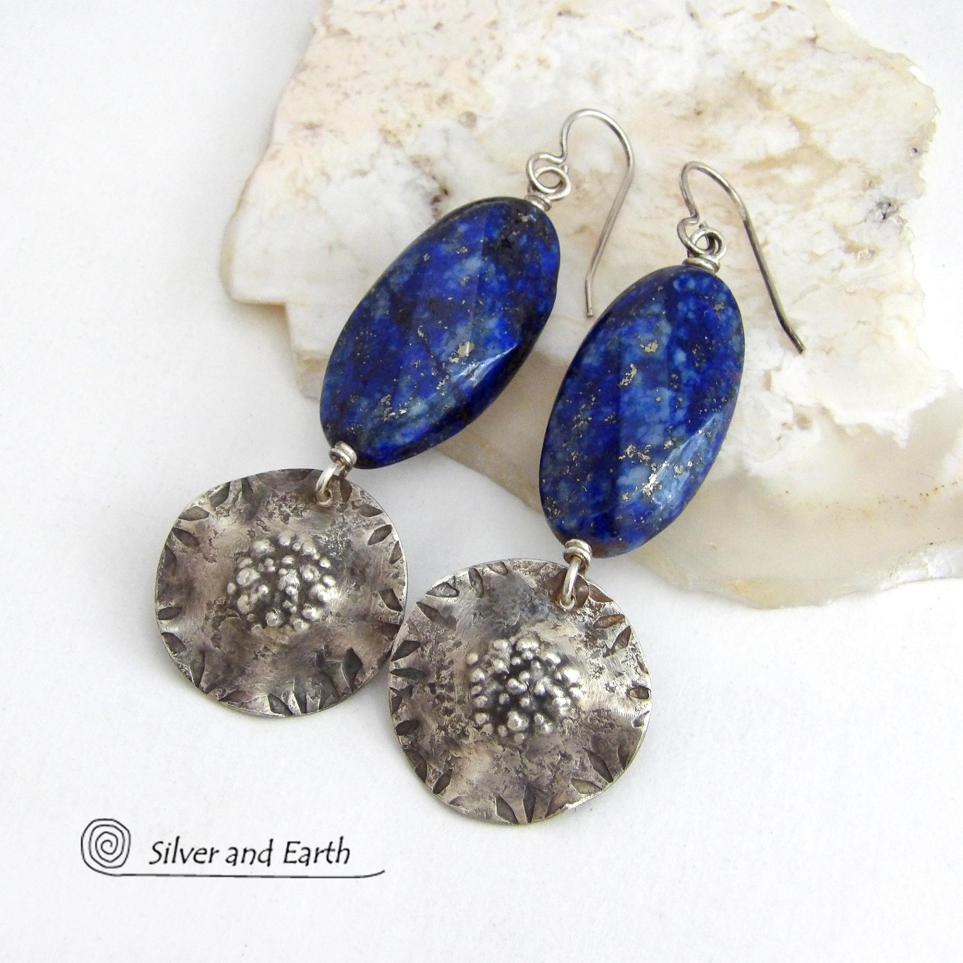 Sterling Silver Dangle Earrings with Large Blue Lapis Lazuli Gemstones - Artisan Handmade Bold Modern Statement Jewelry