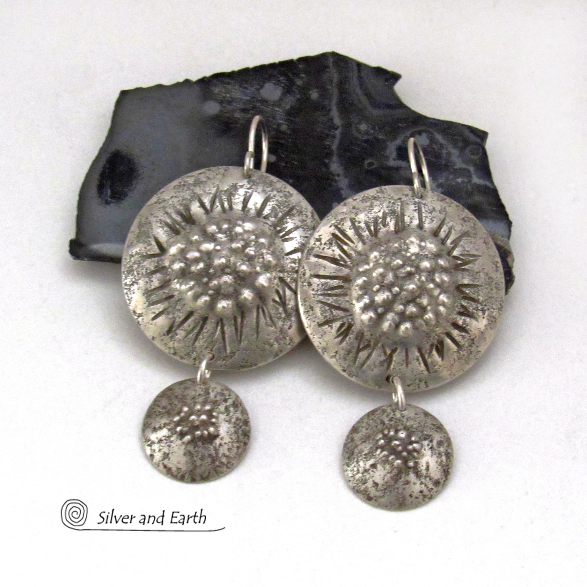 Big Round Sterling Silver Double Dangle Earrings with Rustic Organic Texture