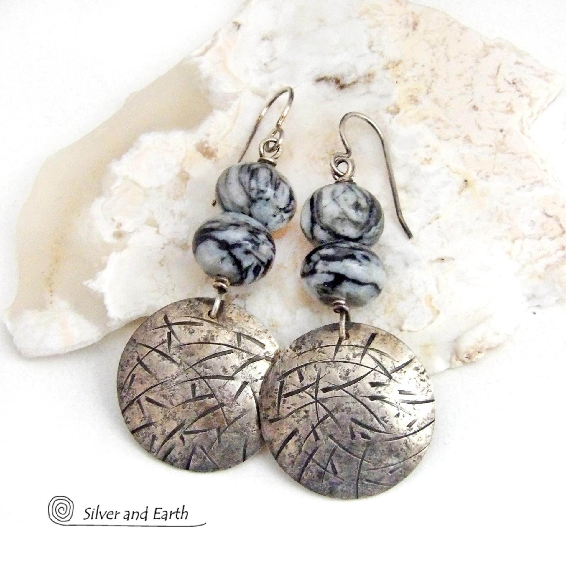 Sterling Silver Earrings with Hand Stamped and Hammered Texture and Black Web Jasper Stones