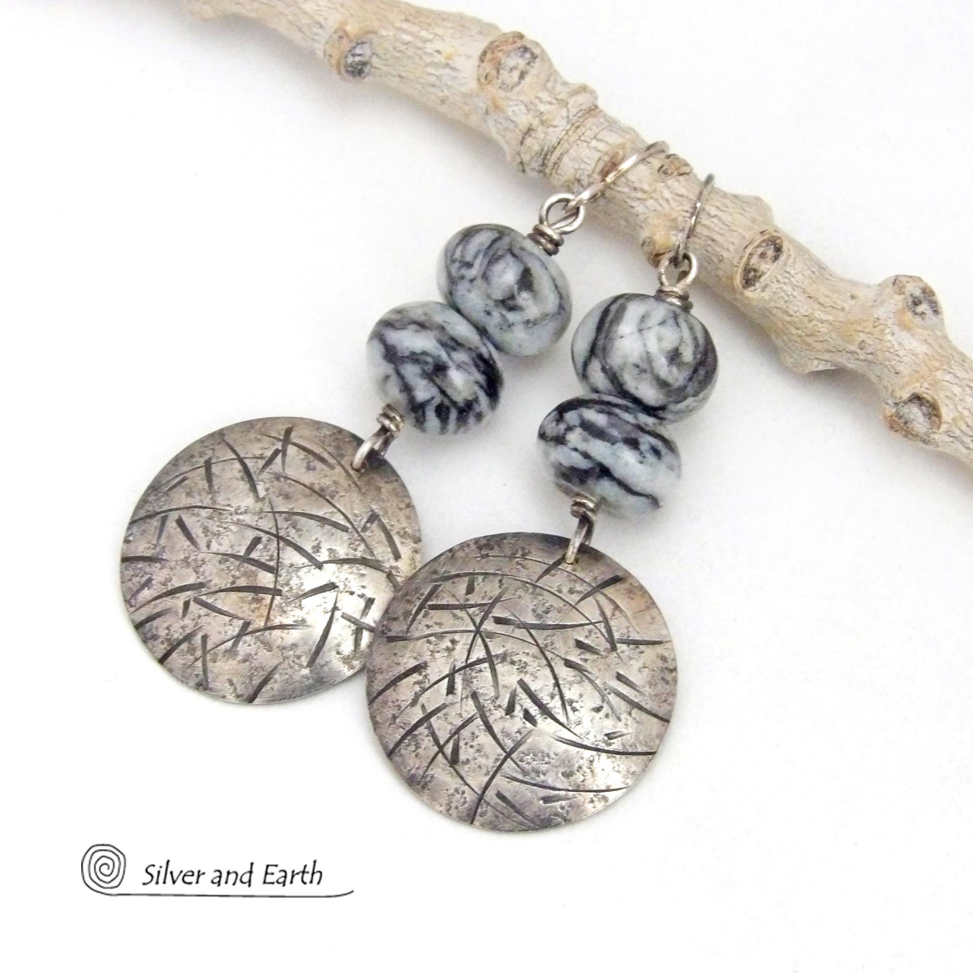 Sterling Silver Earrings with Hand Stamped and Hammered Texture and Black Web Jasper Stones
