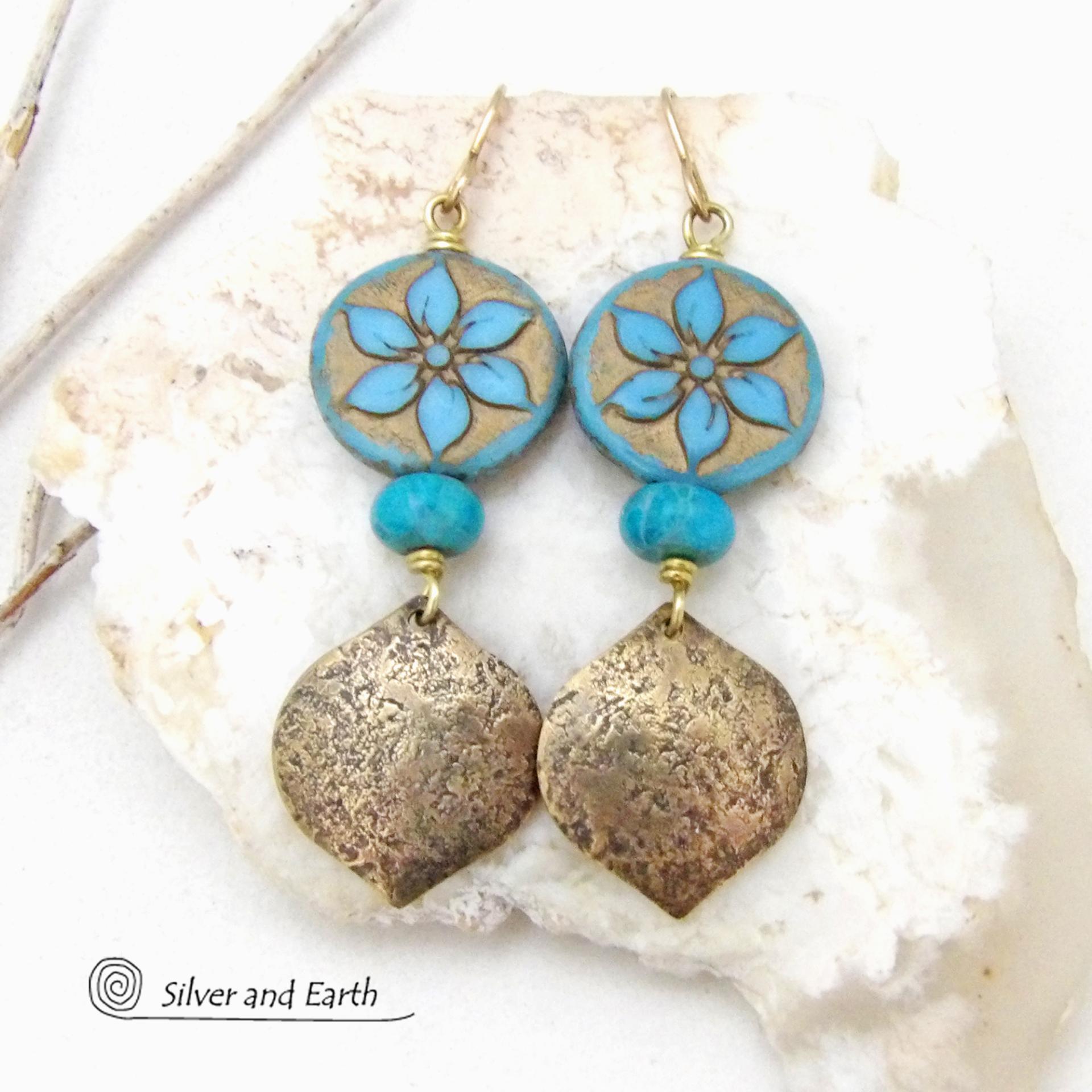 Gold Brass Earrings with Blue Flower and Turquoise Beads - Modern Elegant Nature Jewelry