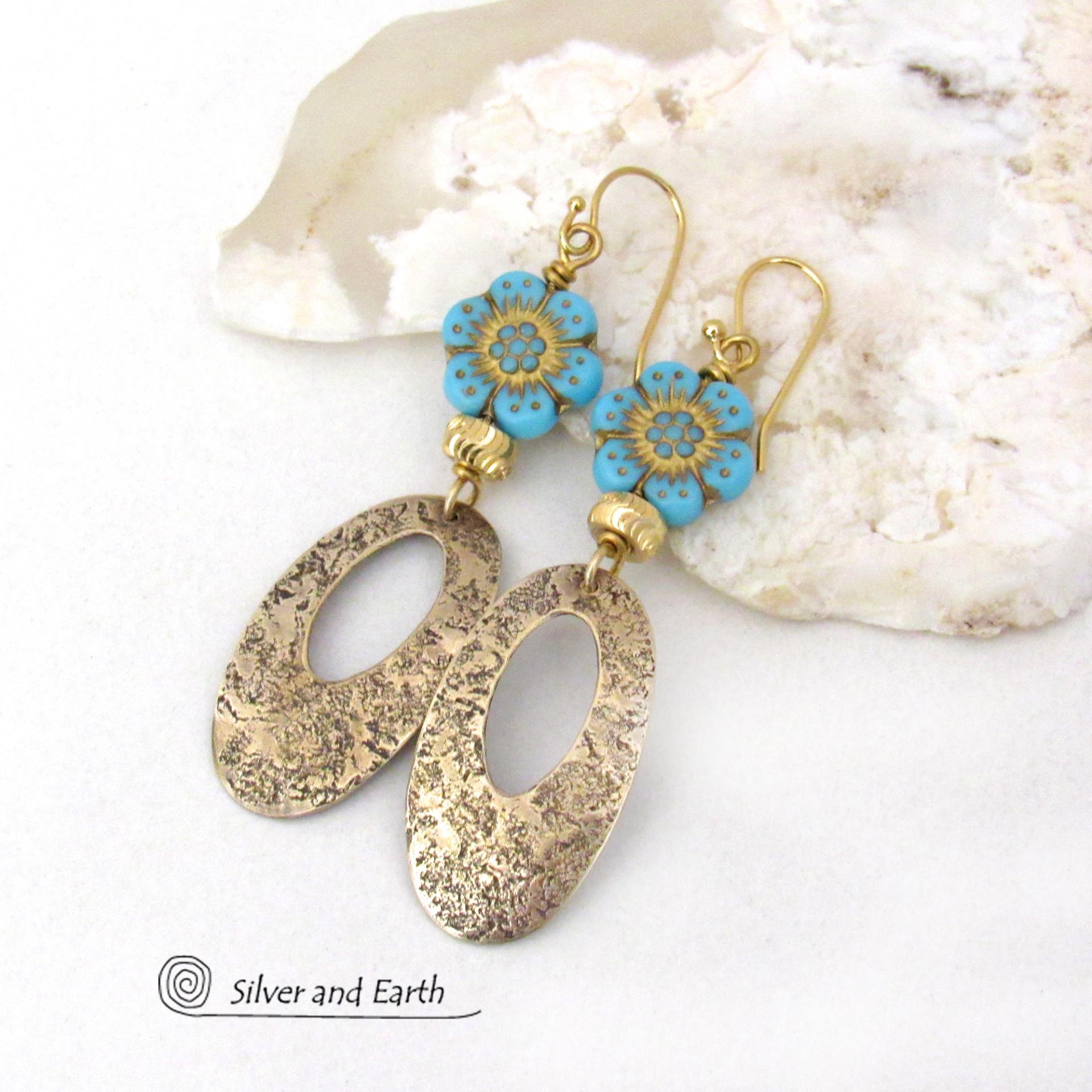 Gold Brass Dangle Earrings with Turquoise Flower Beads - Earthy Modern Nature Jewelry 